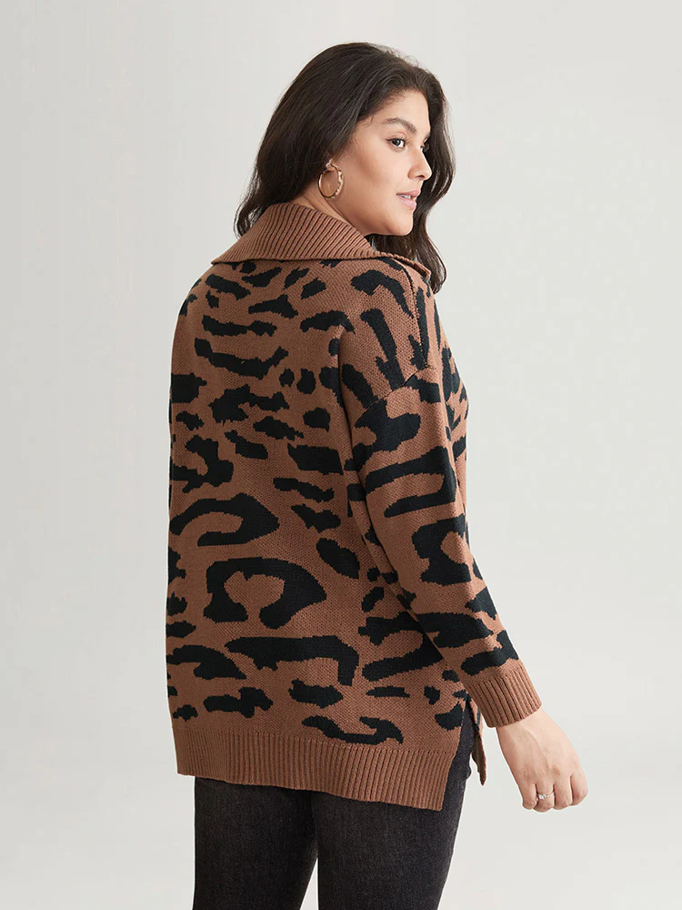 Leopard Graphic Half Zip Polo Knit Pullover
