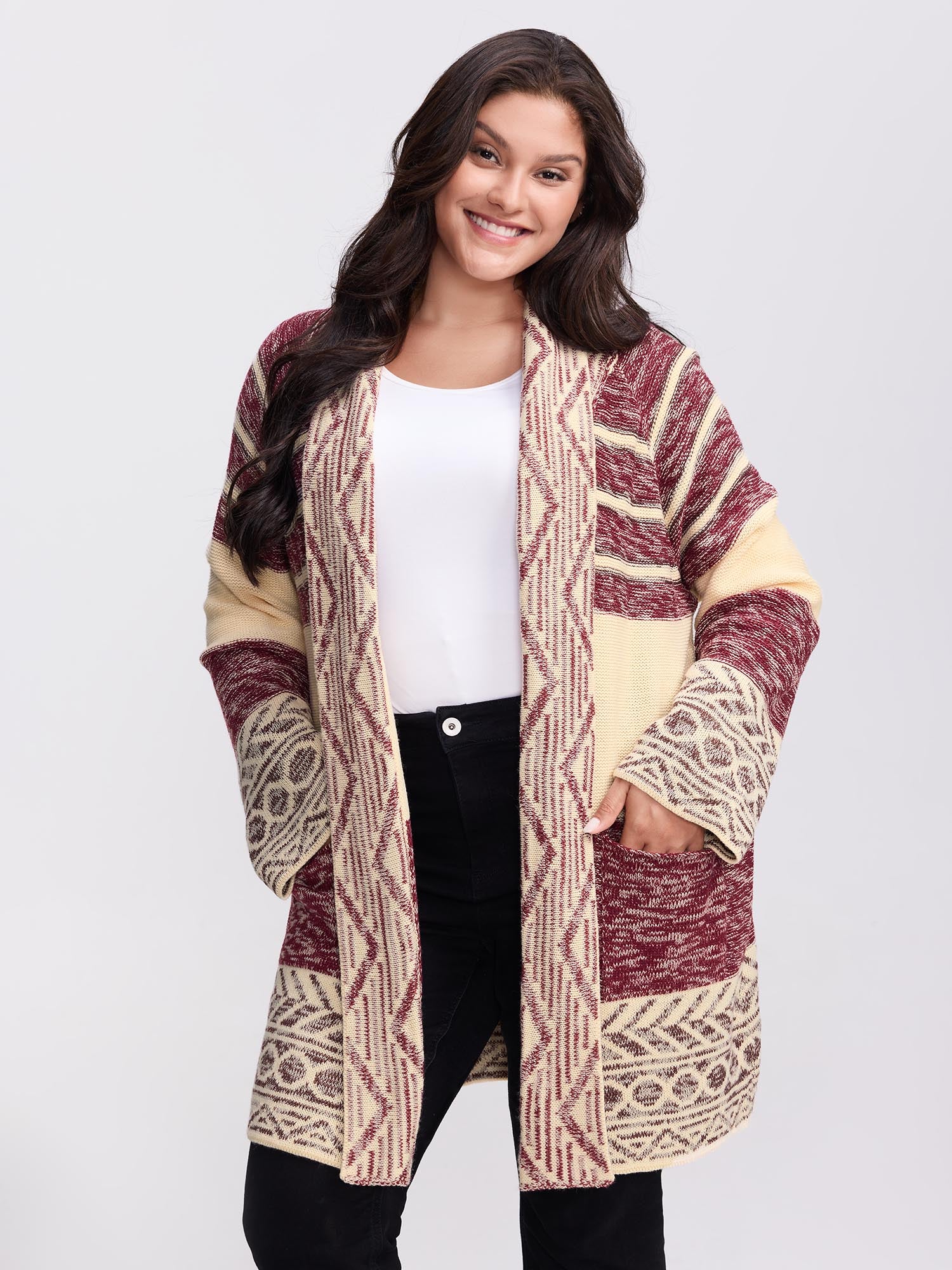 Boho Striped Jacquard Open-Front Knit Cardigan
