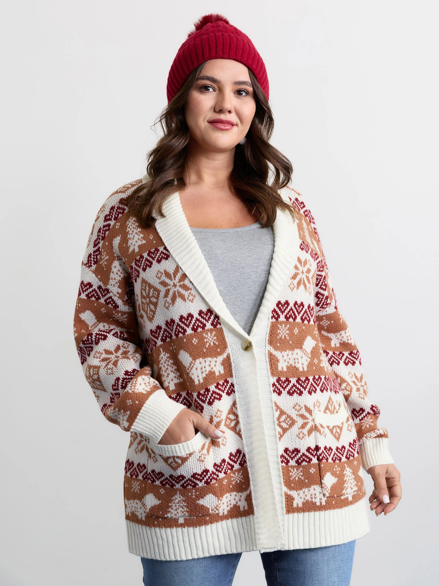 Holiday Pattern Jacquard Shawl Collar Cardigan