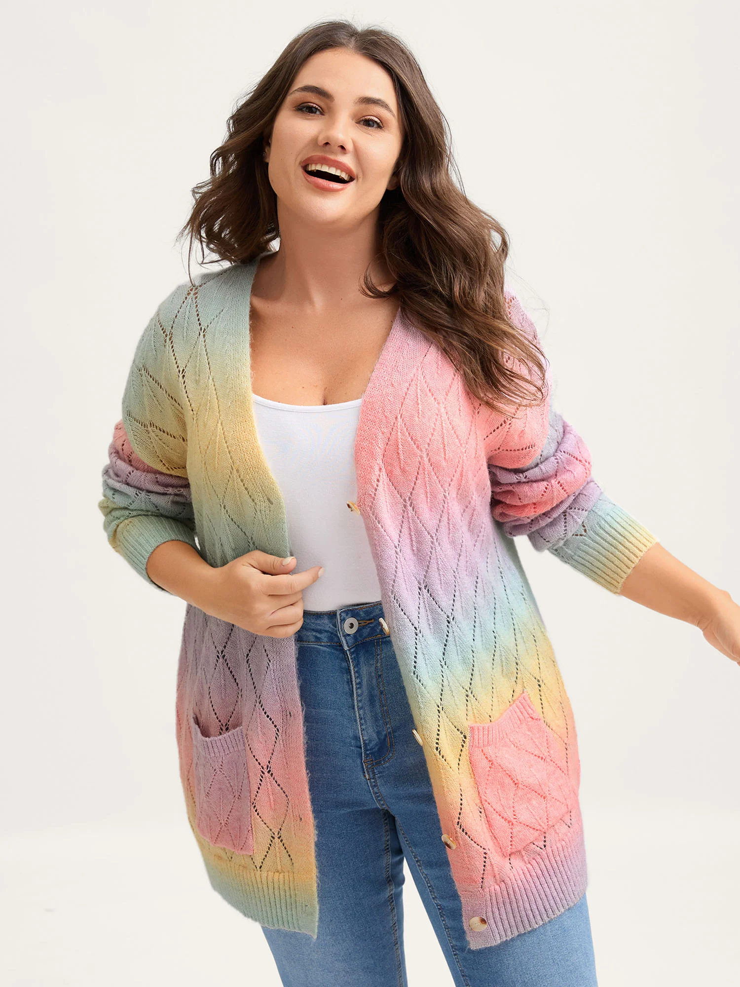 Ombre Gradient Eyelet Trim Knit Cardigan