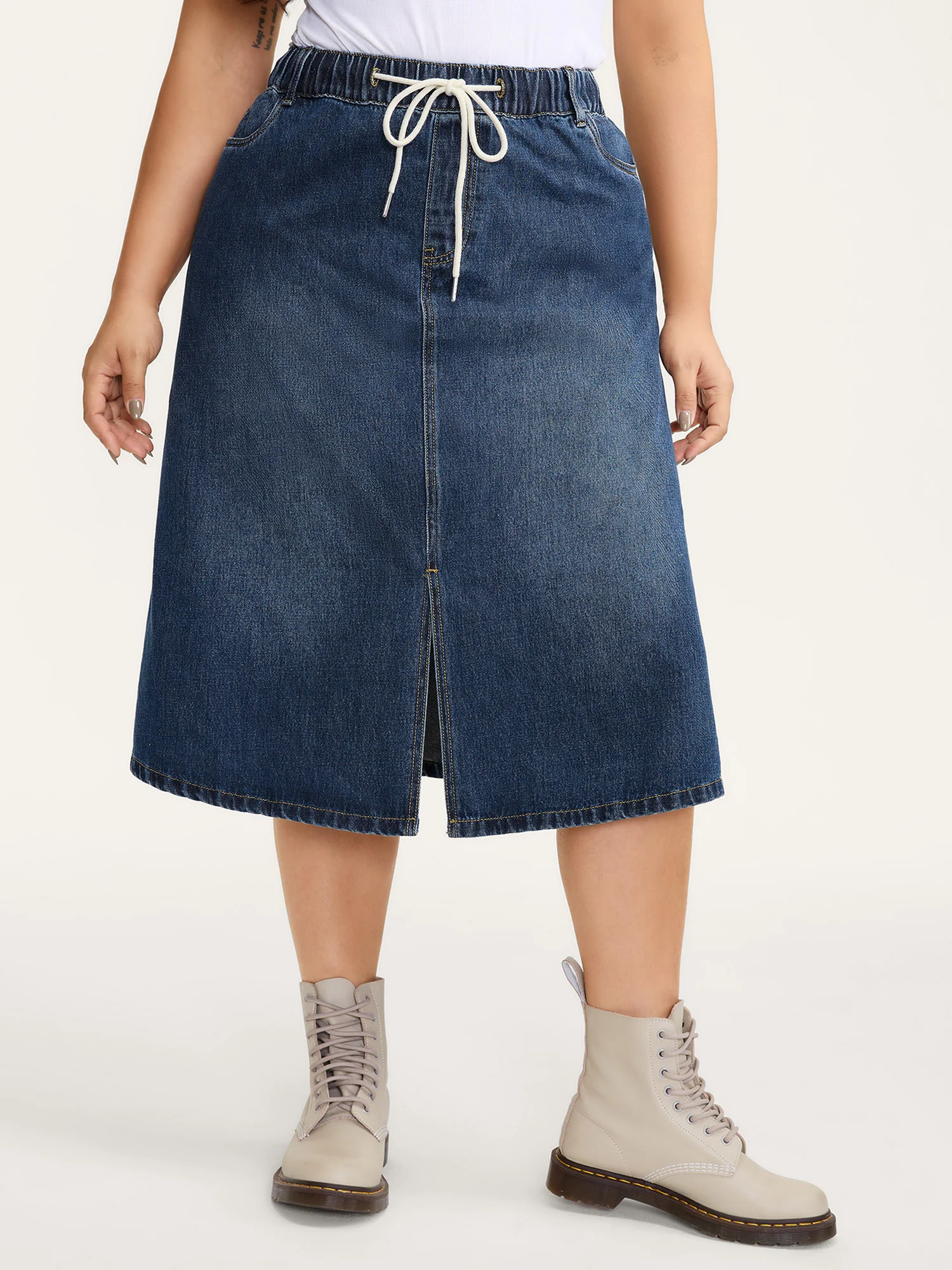 Drawstring Front Slit Stretchy Waist Midi Denim Skirt
