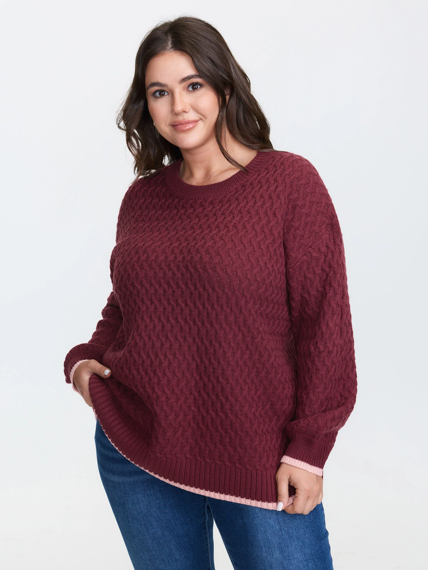 Crisscross Textured Color Contrast Pullover