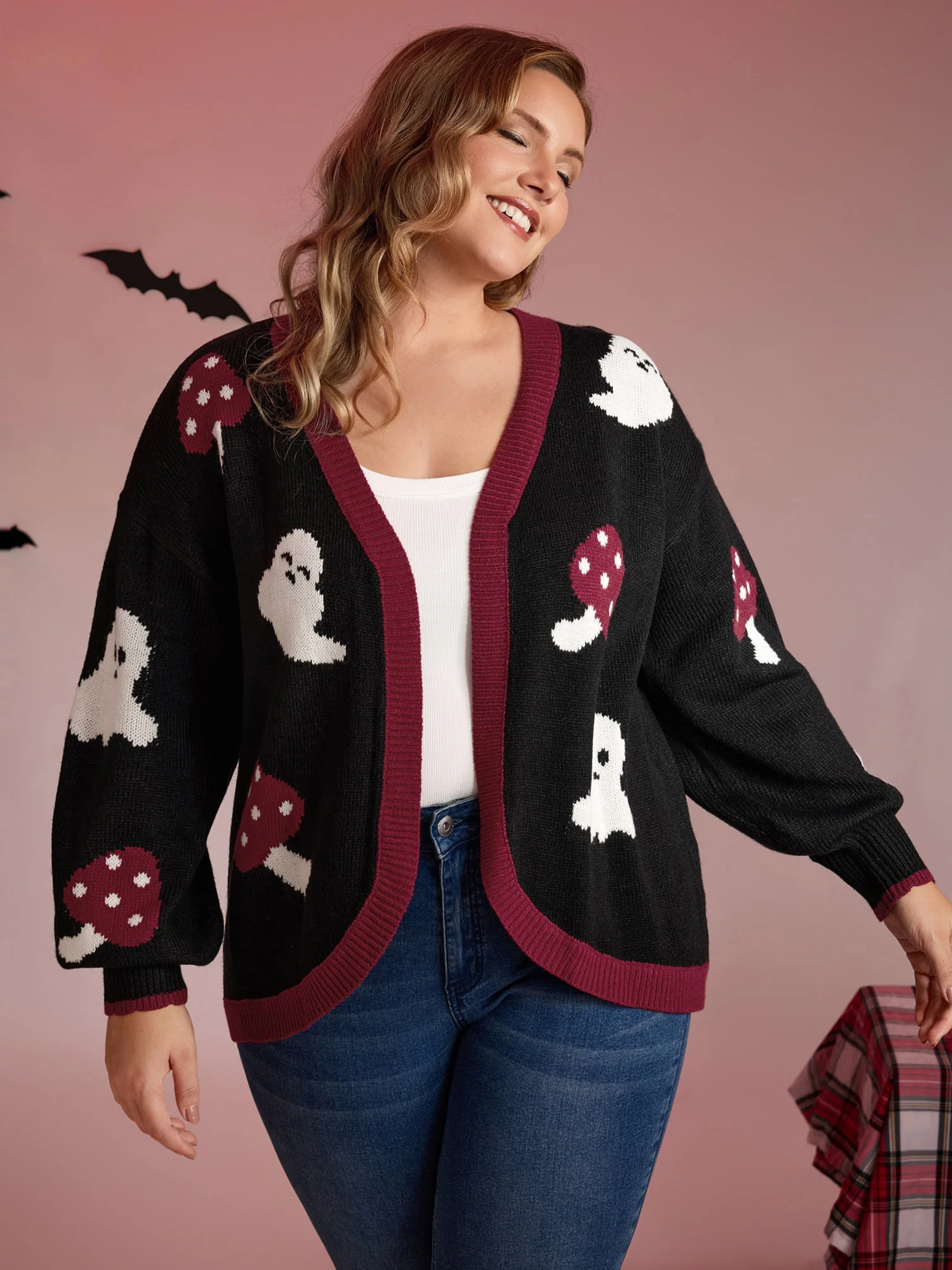 Happy Ghost Curvy Hem Open-Front Cardigan