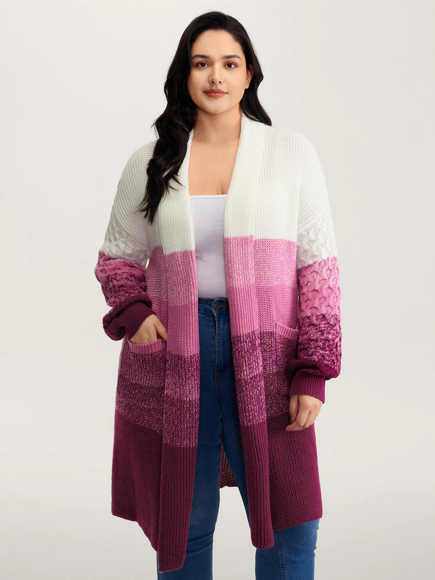 Colorblock Textured Folded Collar Knit Cardigan