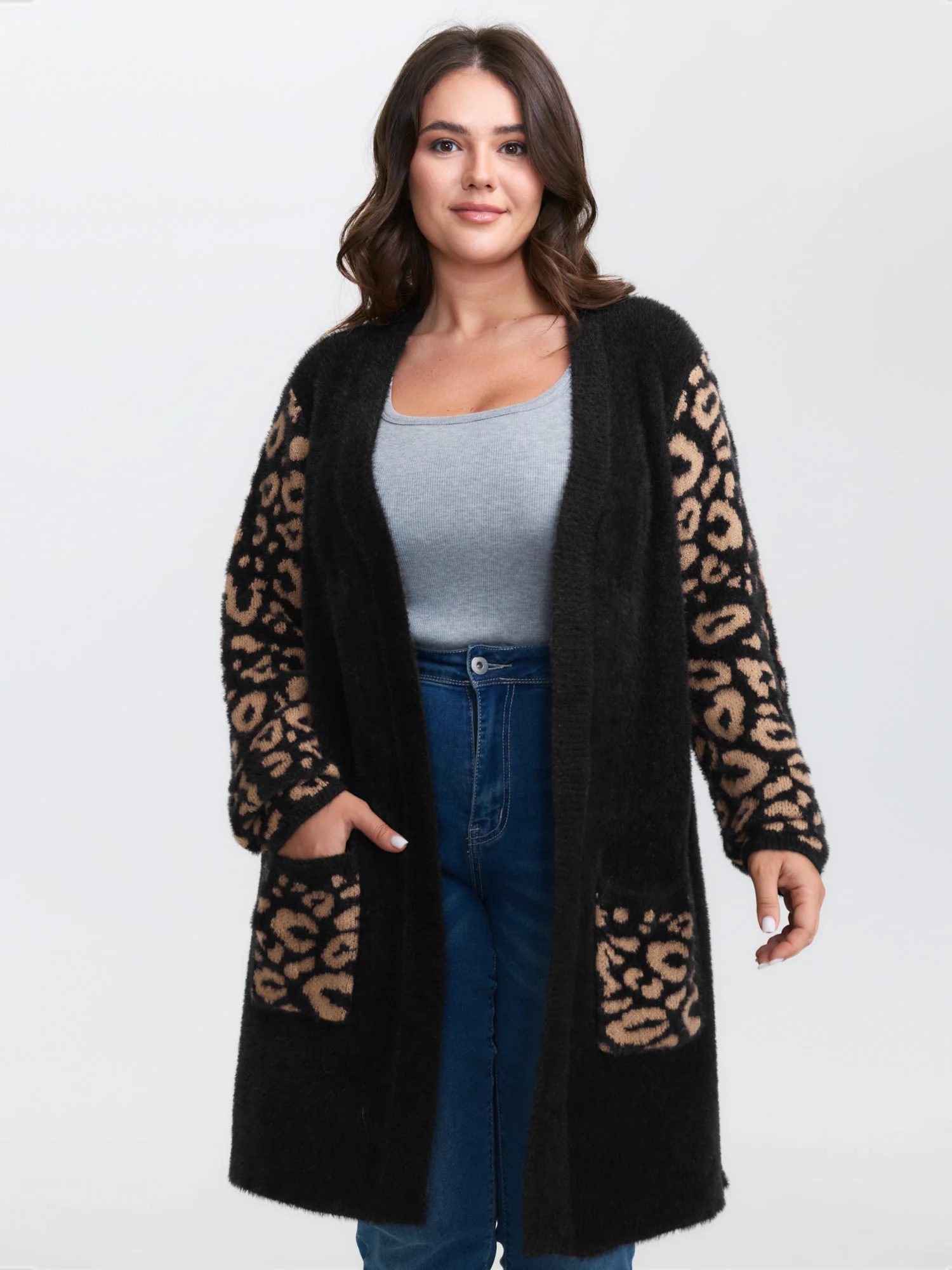 Leopard Jacquard Furry Open-Front Knit Cardigan