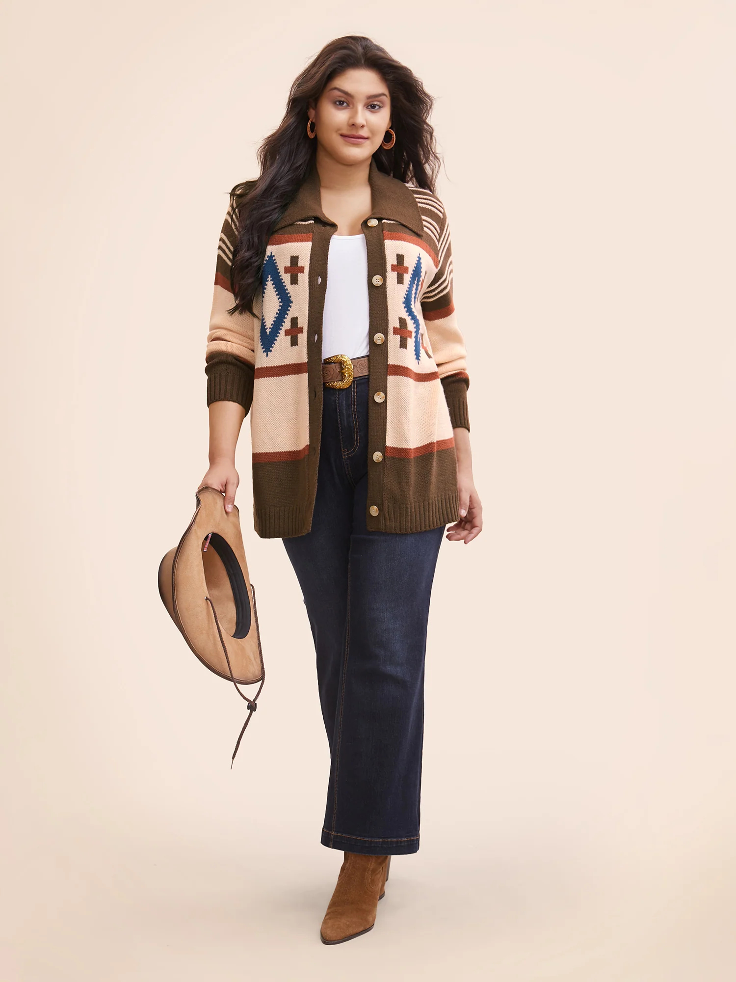 Geometric Pattern Collared Front Button Cardigan