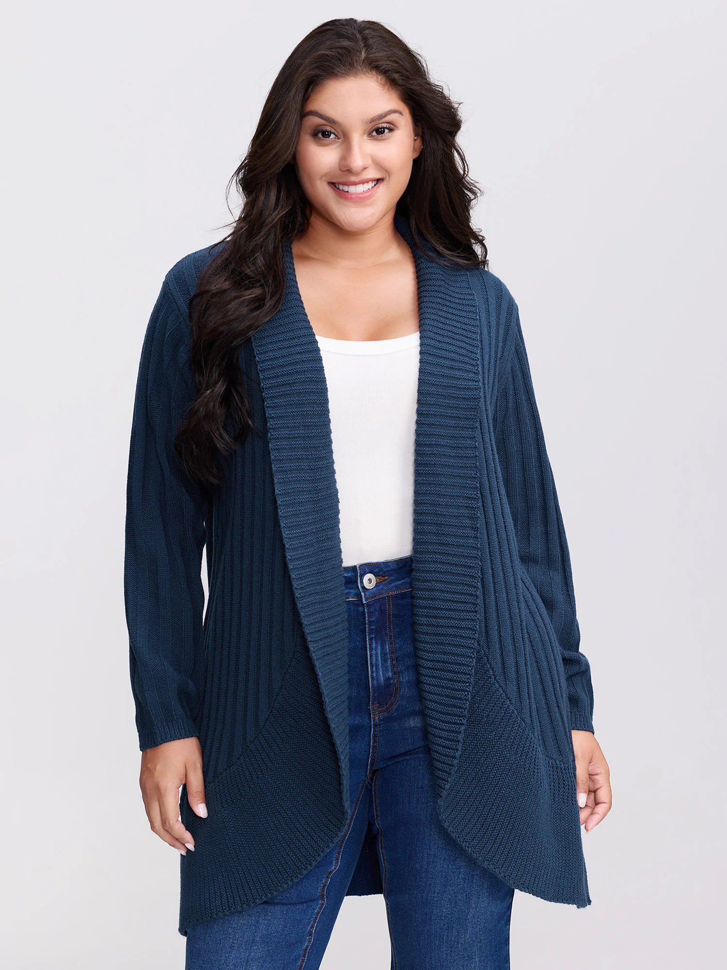 Folded Collar Ribbed Curvy Knit Cardigan