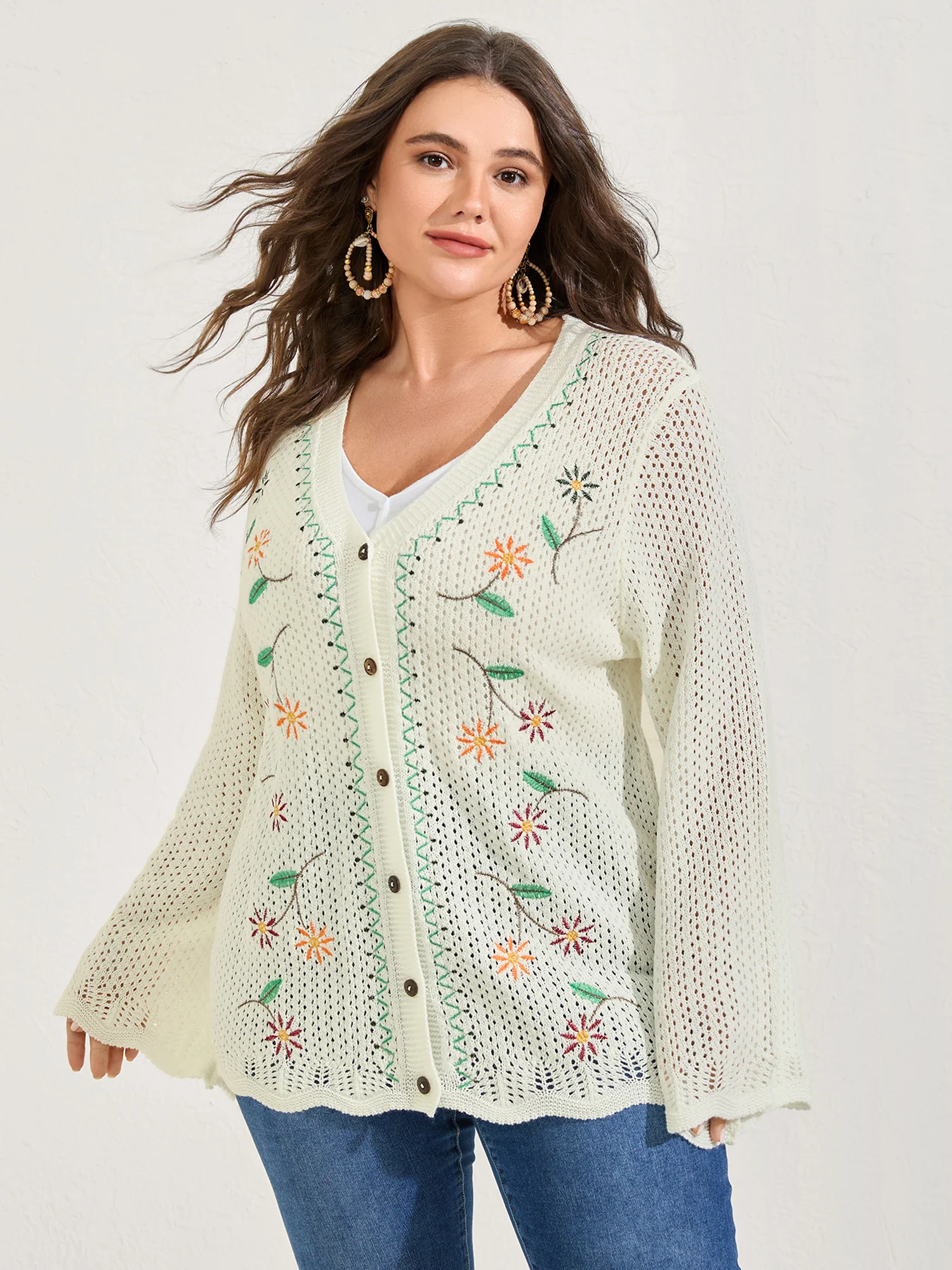 Floral Embroidery Flared Sleeve Knit Cardigan