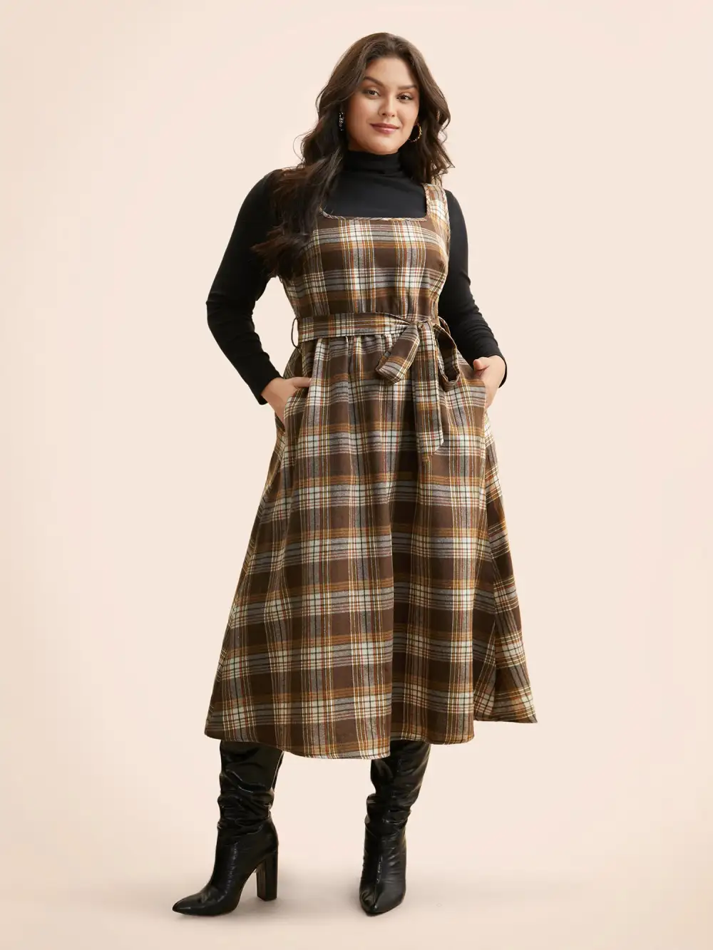 Square Neck Plaid Belted Dress