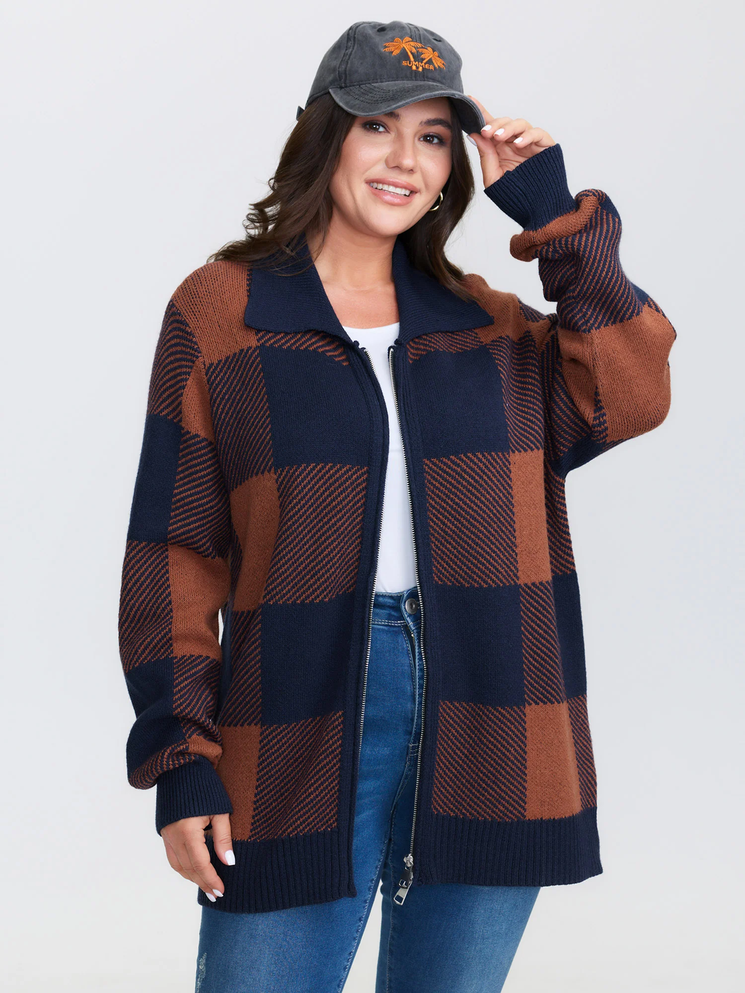 Supersoft Checkered Pattern Zip Knit Cardigan