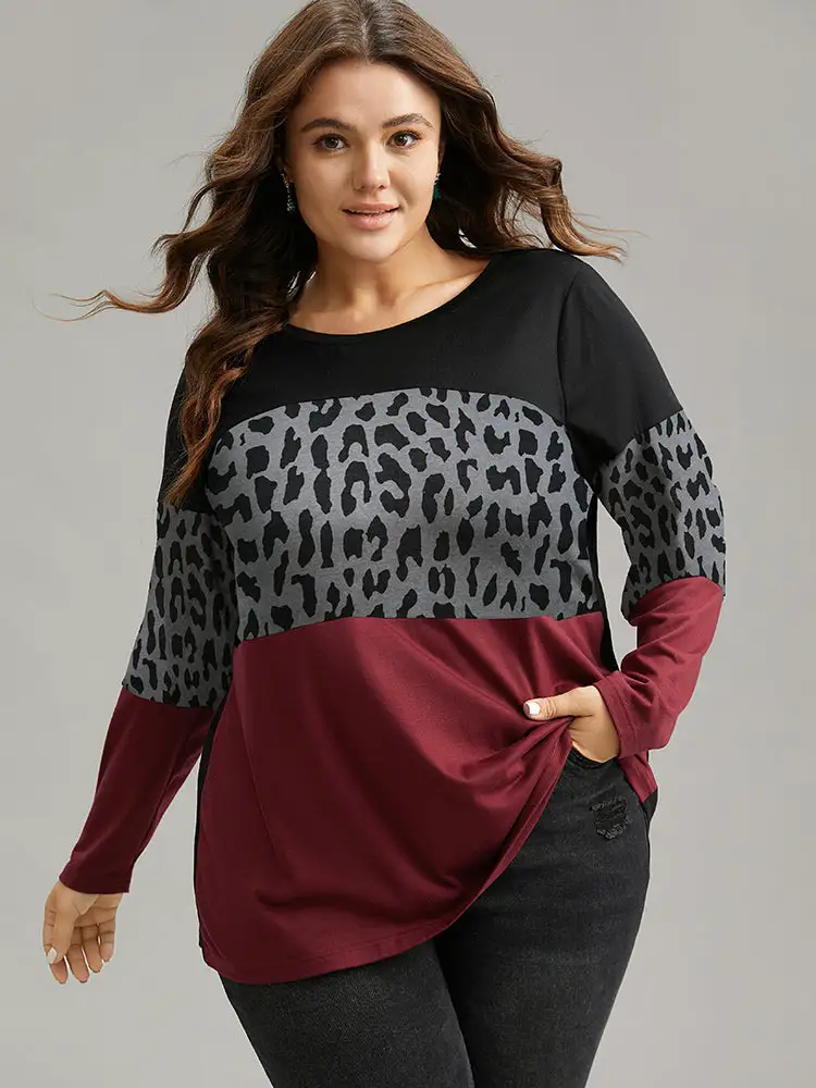 Plaid Contrast Patchwork Round Neck T-Shirt