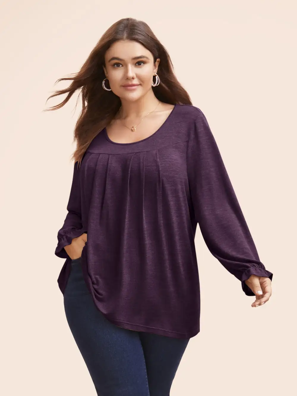 Round Neck Heather Pleated T-Shirt