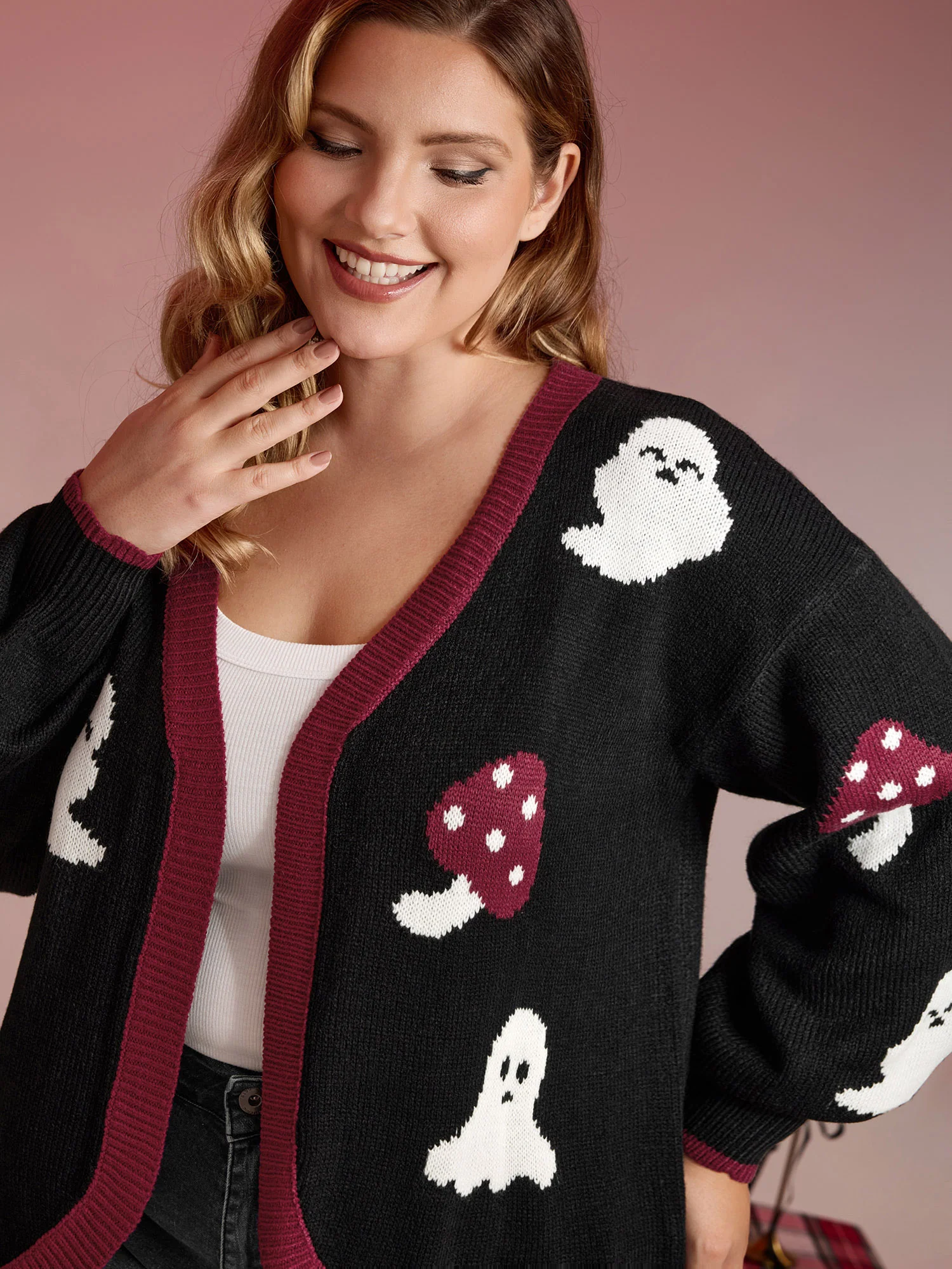 Happy Ghost Curvy Hem Open-Front Cardigan