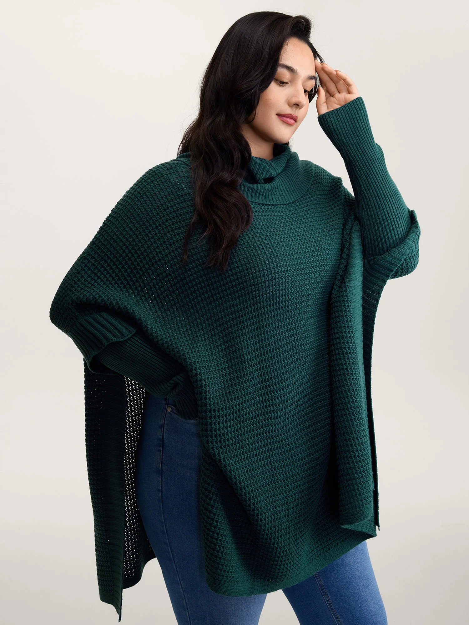 Cape-Style Turtleneck Textured Pullover