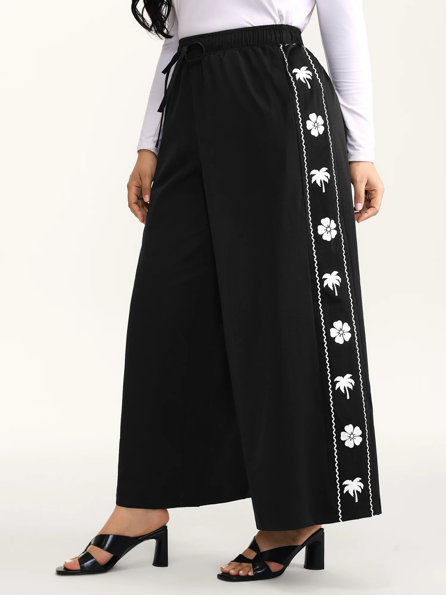 Floral Side Drawstring Wide-Leg Pants