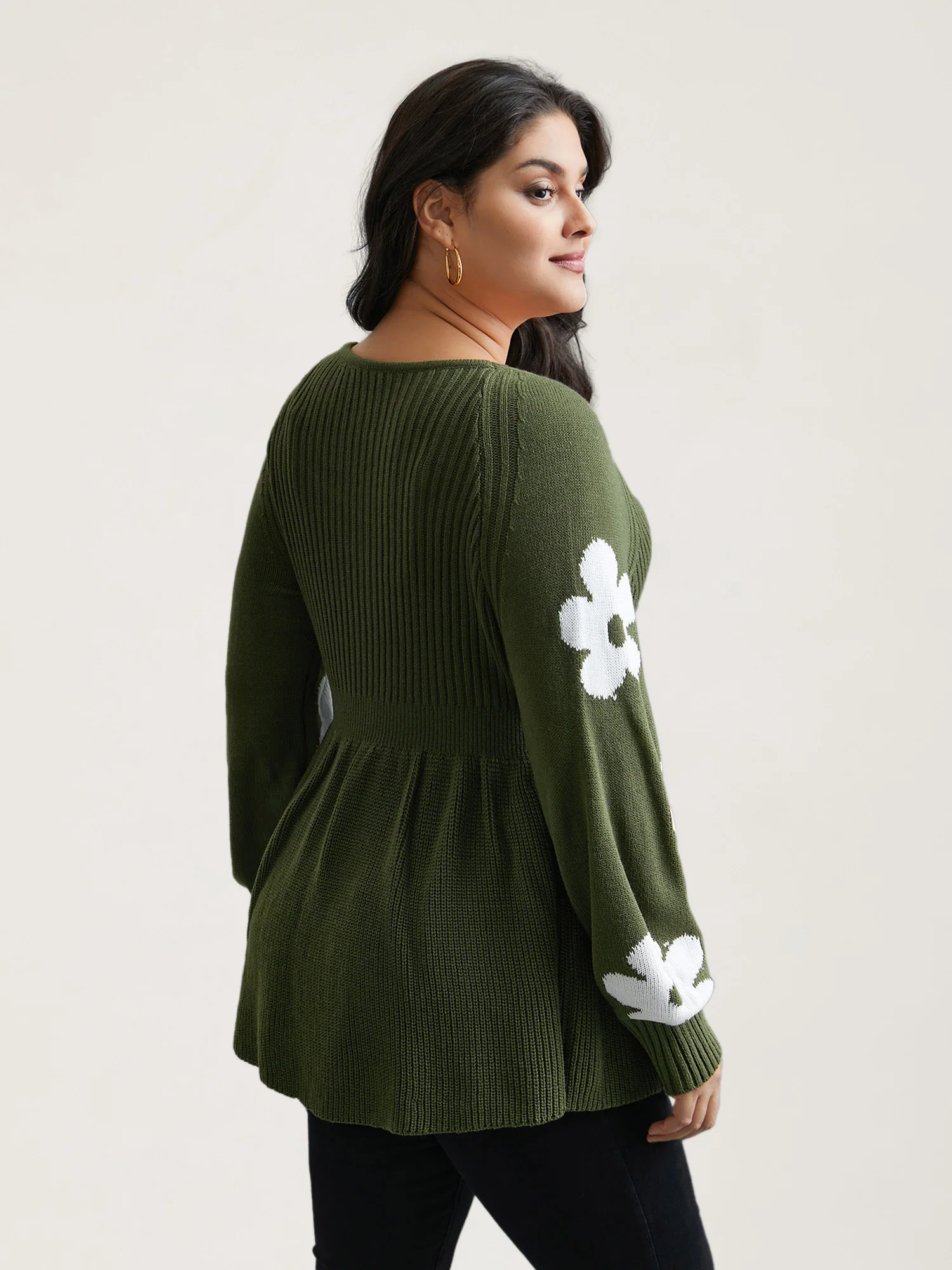 Floral Patch Jacquard Cinched Waist Pullover