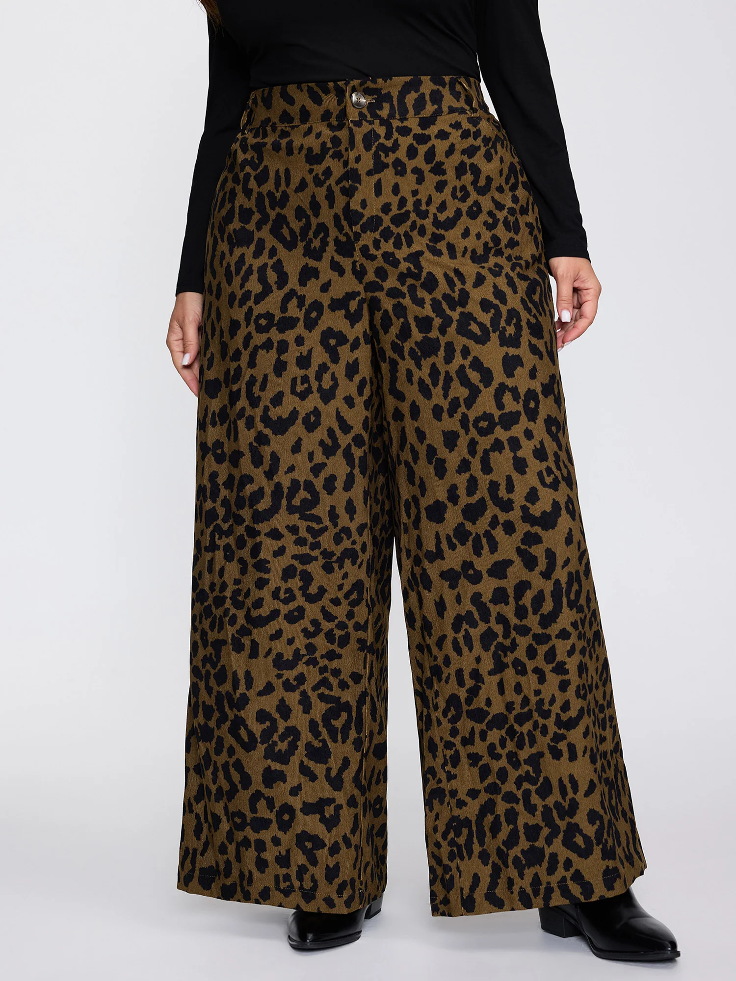 Leopard Corduroy Print Pockets Pants