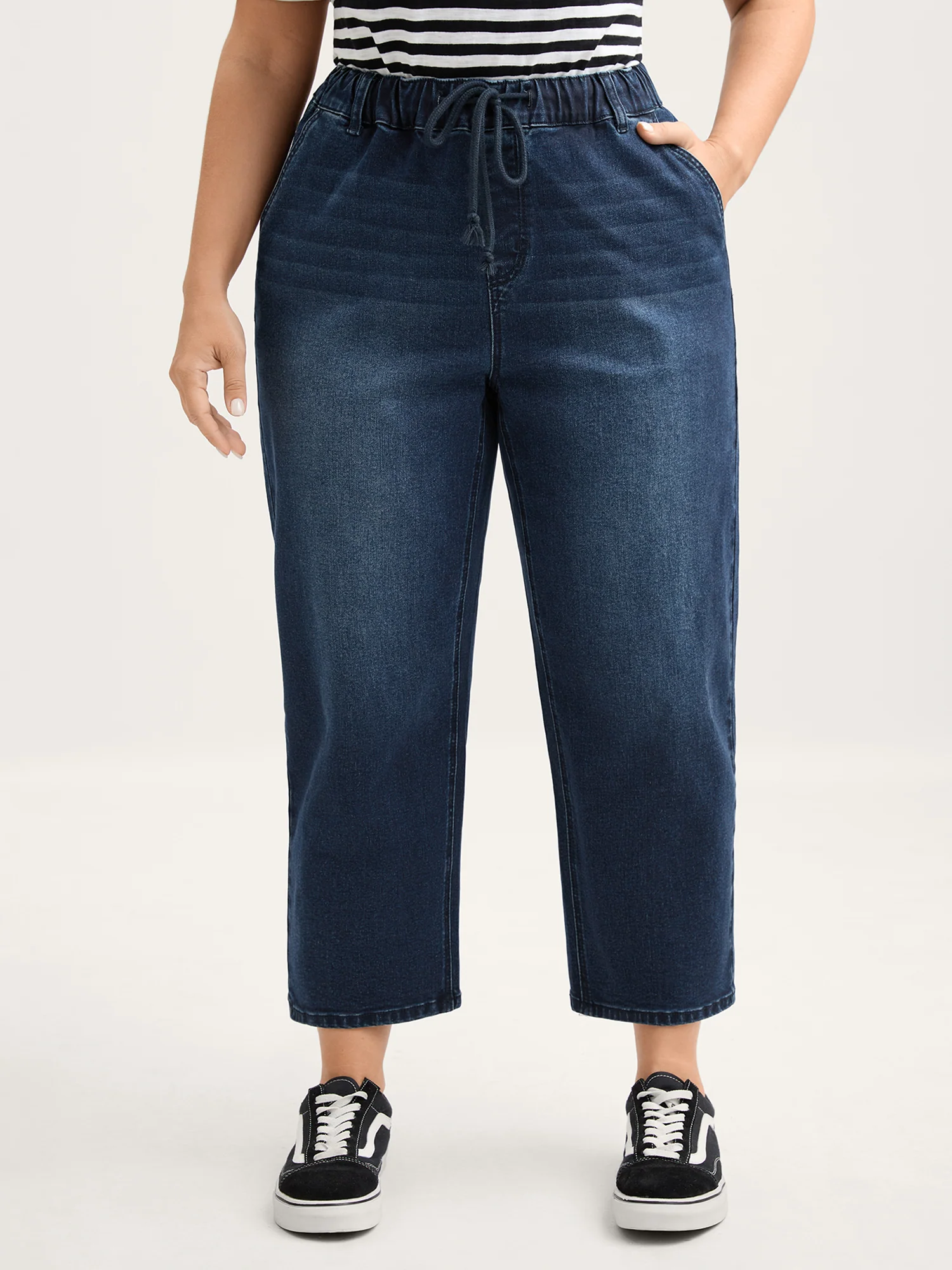 Vintage Wash Rubber Waist Straight-Leg Jeans