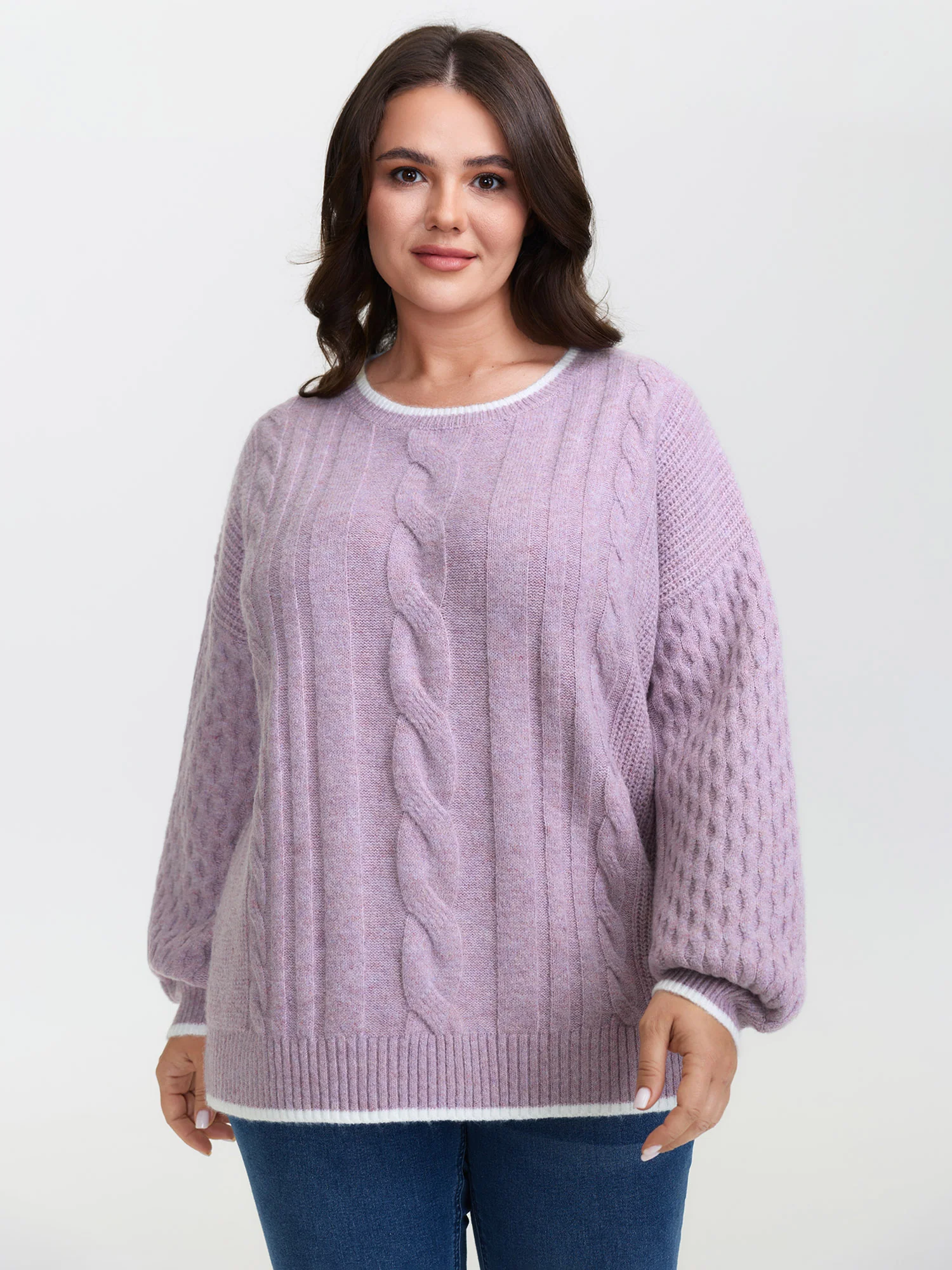 Textured Contrast Edges Lantern Sleeve Pullover