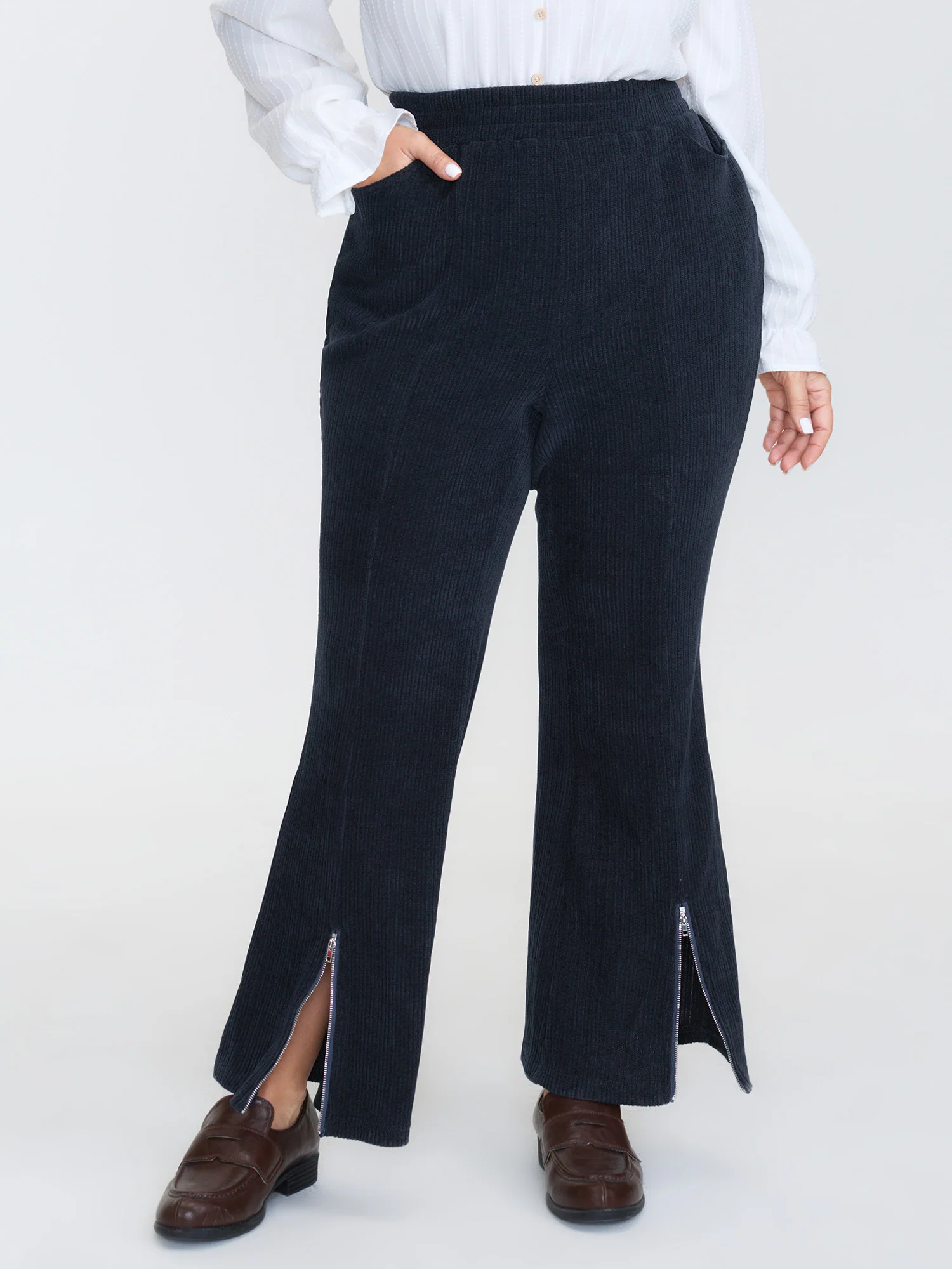 Stretchy Textured Slit Hem Zipper Detail Pants