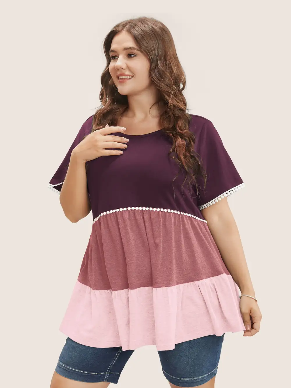 Colorblock Contrast Ruffle Tiered T-Shirt