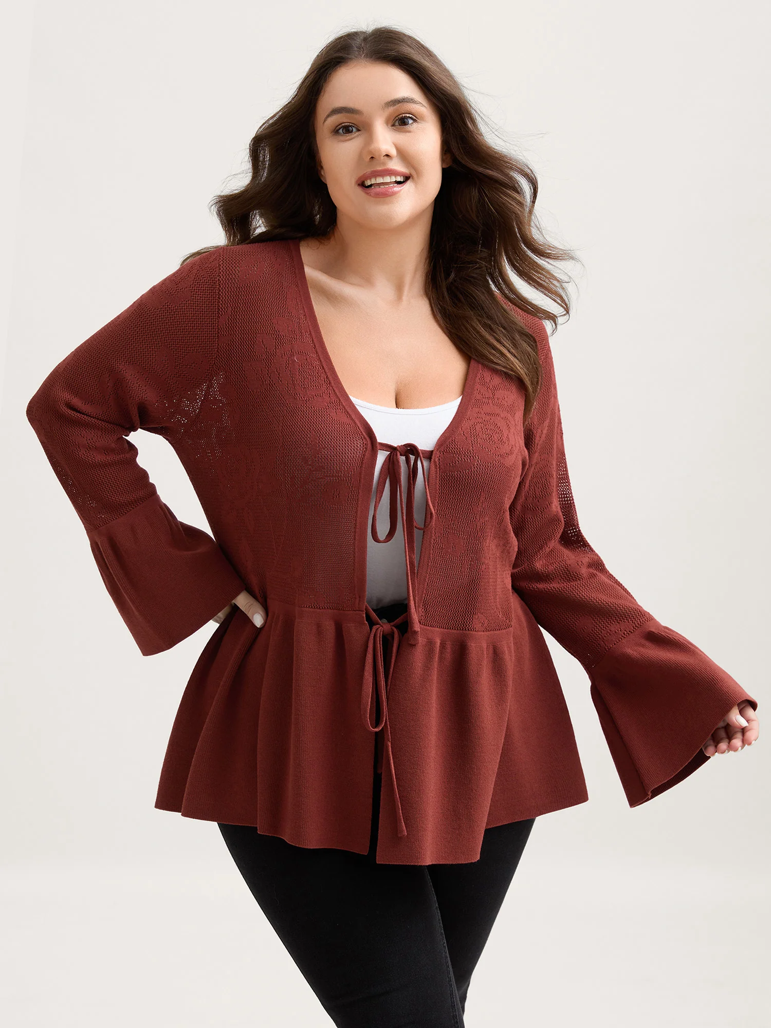 Eyelet Jacquard Ruffled Hem Knit Cardigan