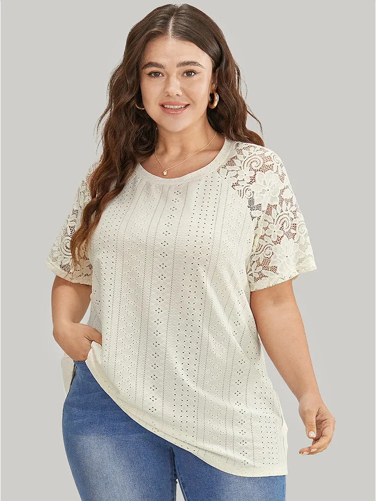 Solid Broderie Anglaise Lace Raglan Sleeve T-shirt