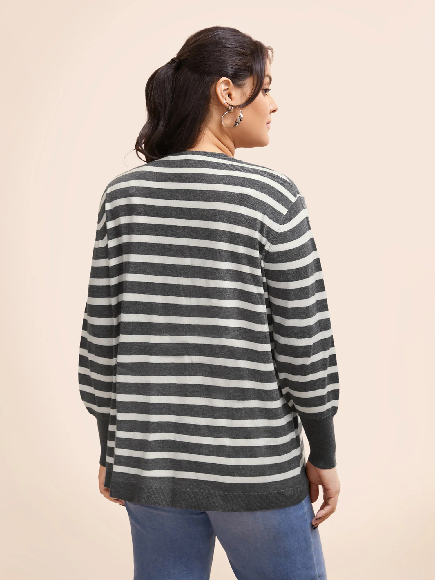 Striped Lantern Sleeve Patched Pocket Cardigan