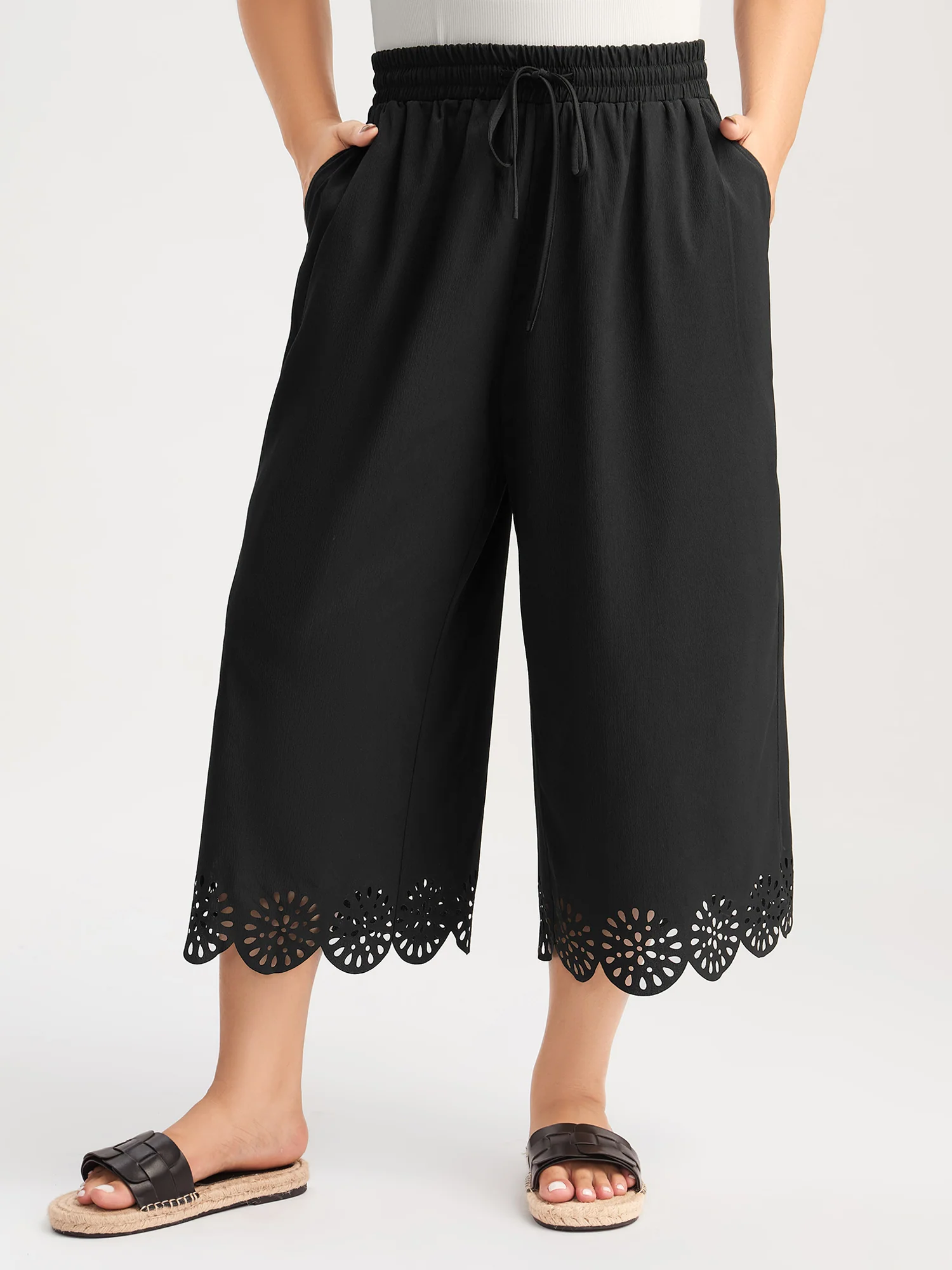 Scalloped Hem Laser Cut Wide-Leg Pants