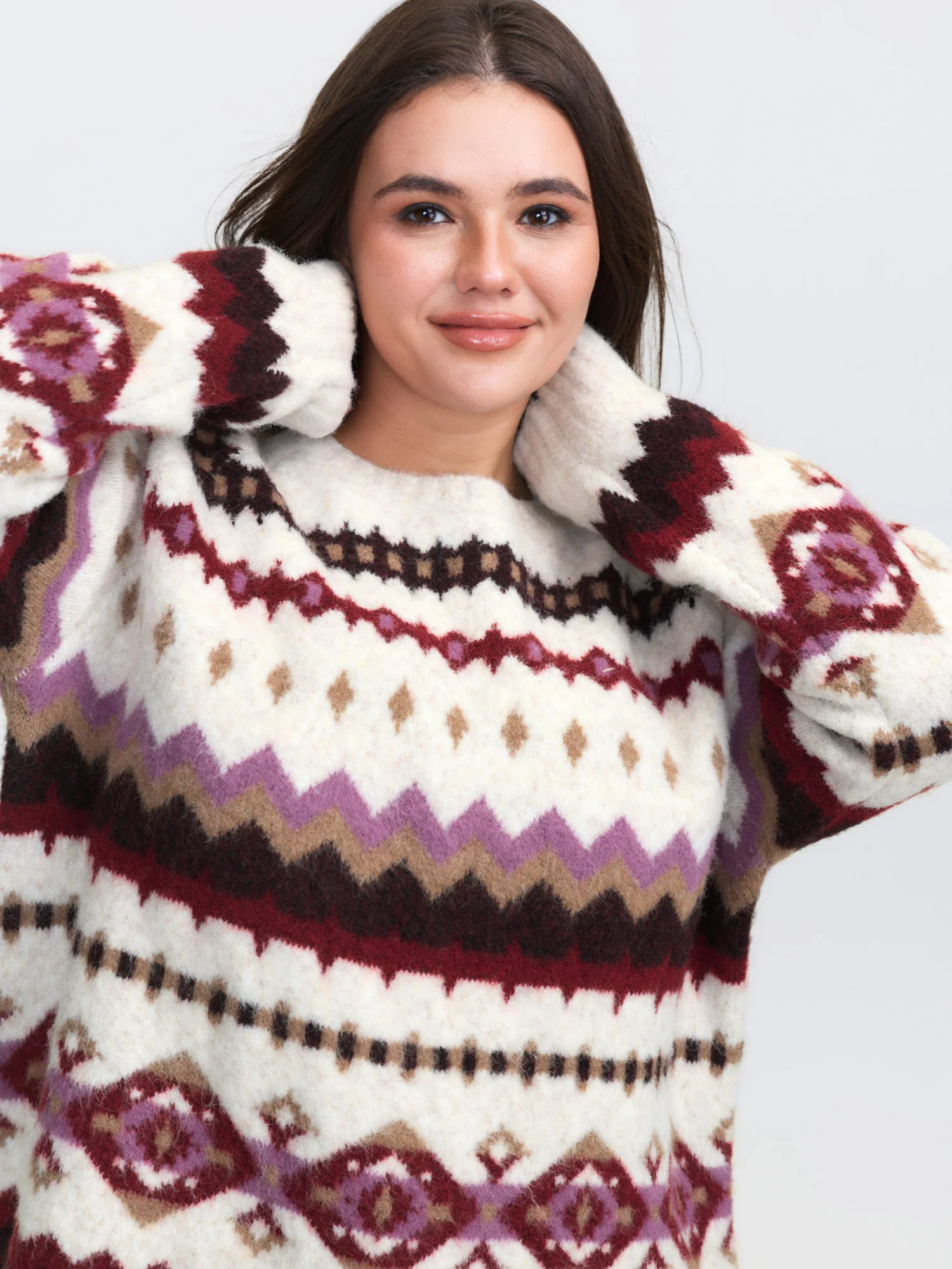 Boho Print Round Neck Ribbed Hem Pullover