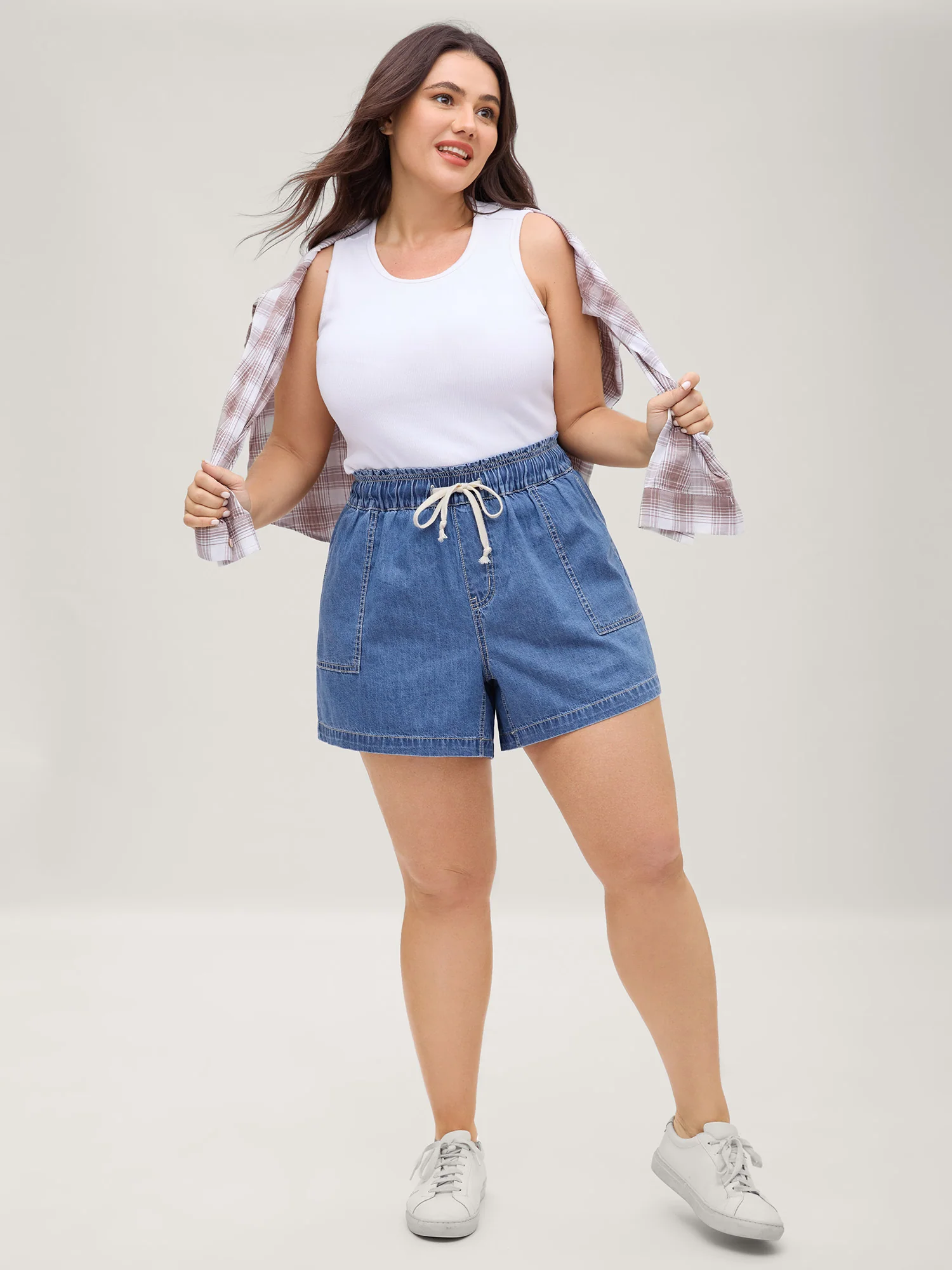 Cotton Stretchy Waist Drawstring Classic Denim Shorts