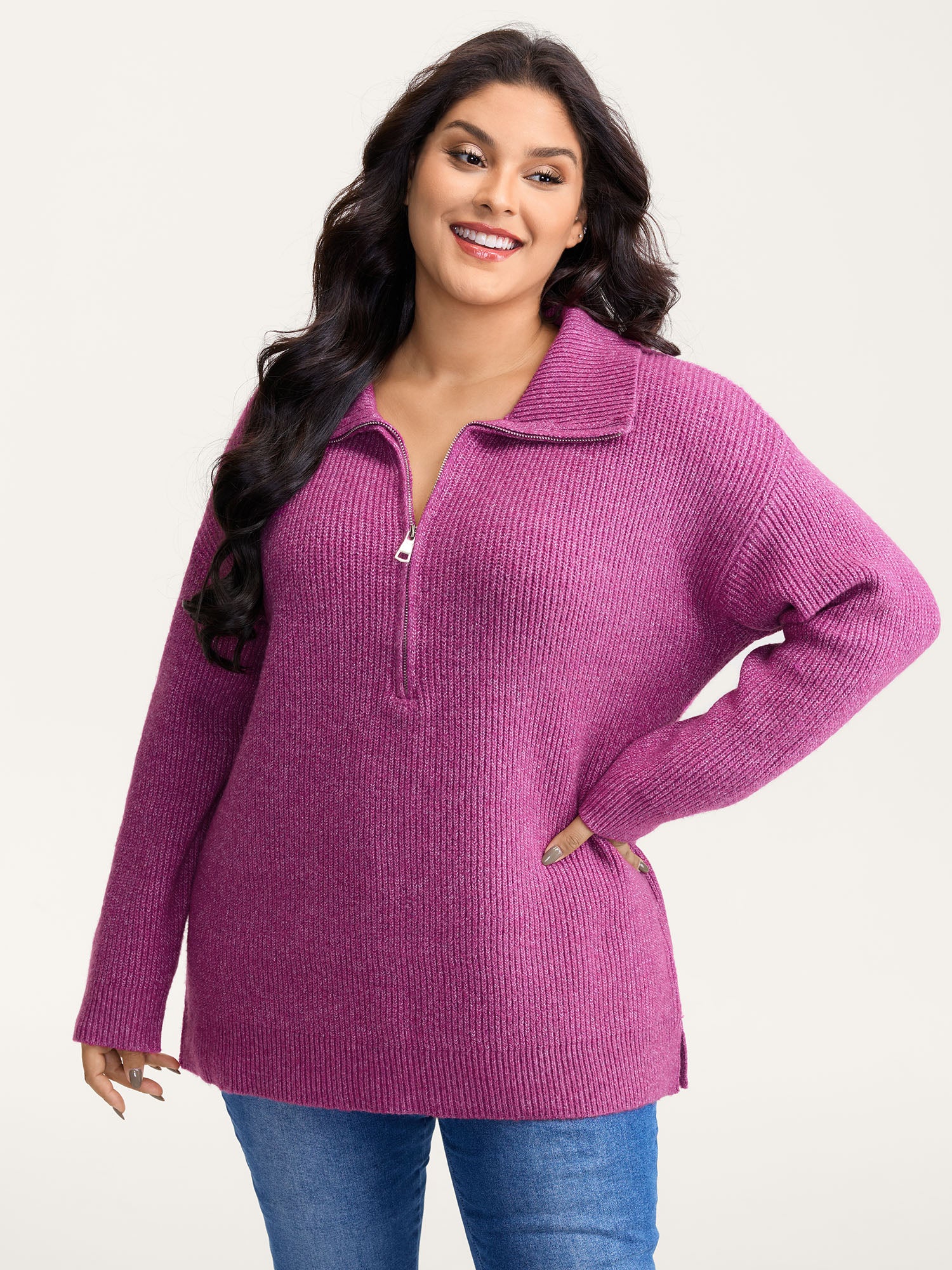 Textured Half Zipper Lapel Collar Pullover