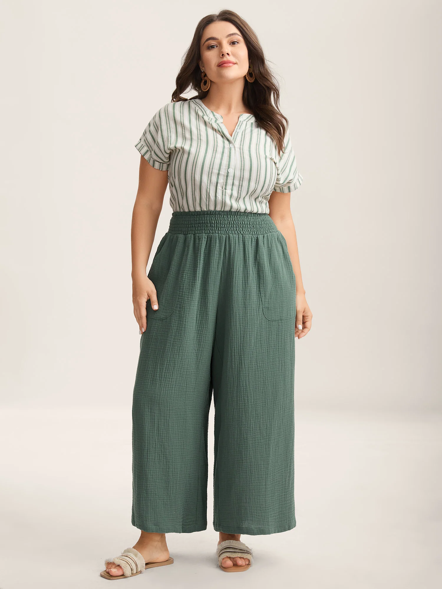 Cotton Shirred Textured Wide-Leg Pants