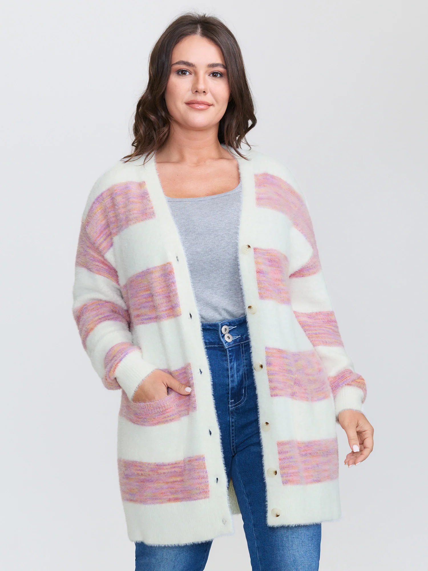 Color Stripes Furry Textured Knit Cardigan