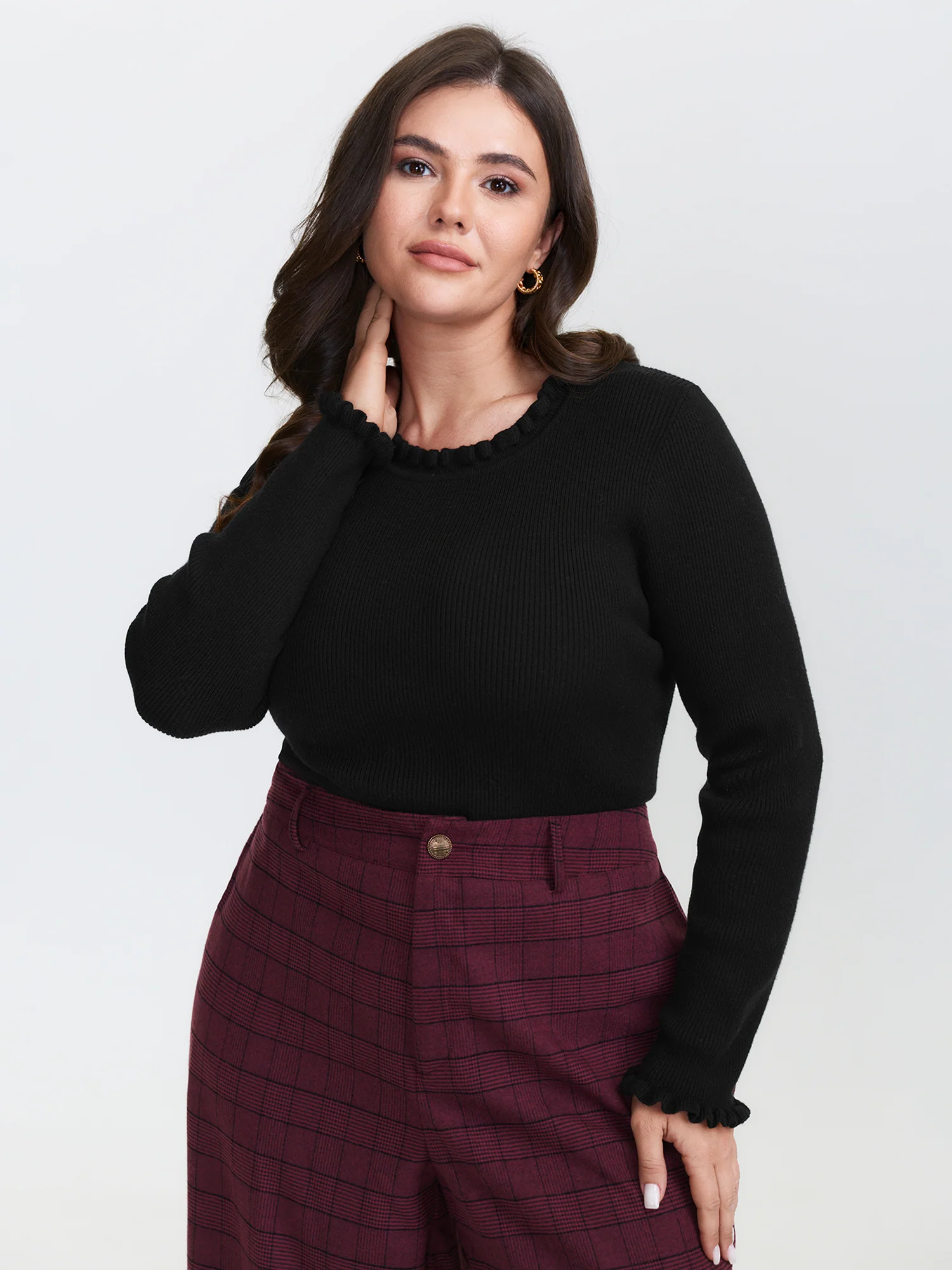 Supersoft Ruffled Neck Fitted Solid Pullover