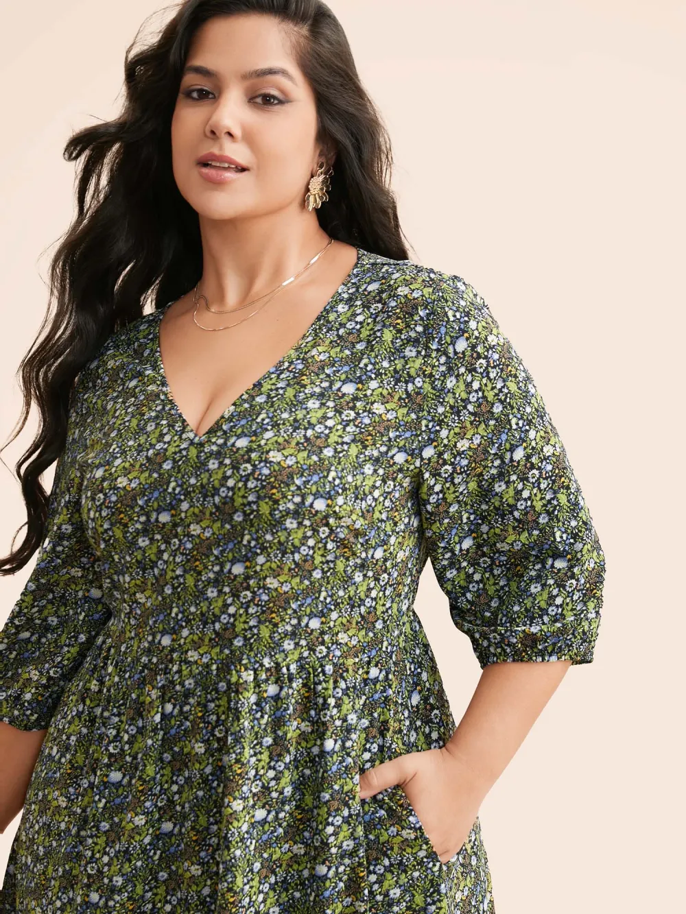 Ditsy Floral Lantern Sleeve Ruffle Hem Dress