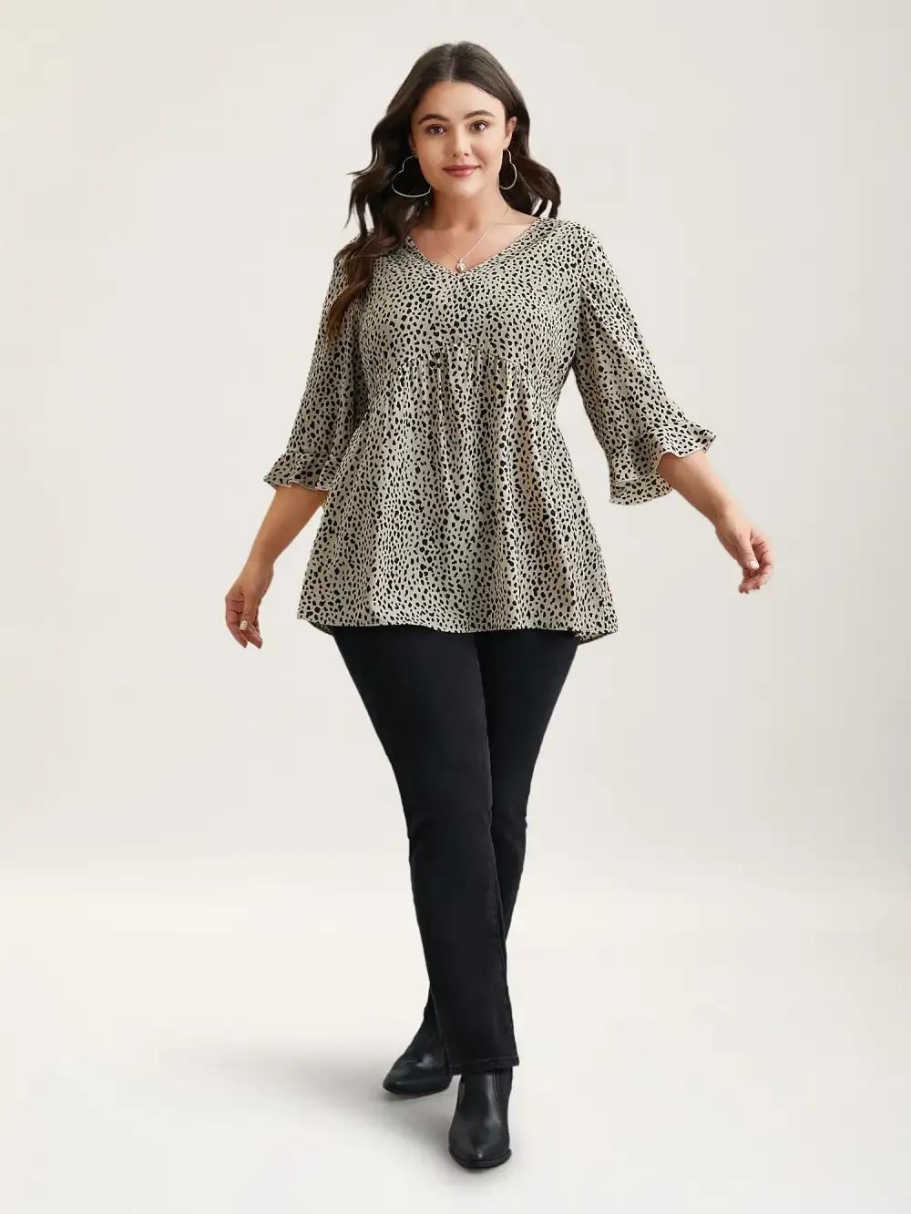 Leopard Print Ruffled Detail V-Neck Blouse