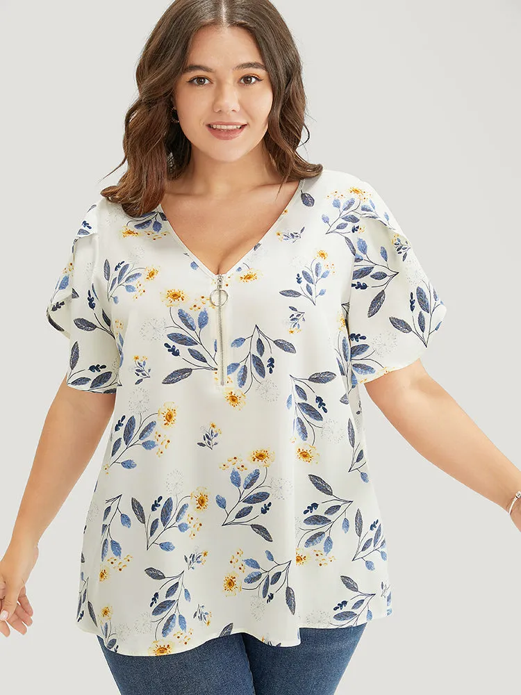 Floral O Ring Zipper Split Petal Sleeve Blouse