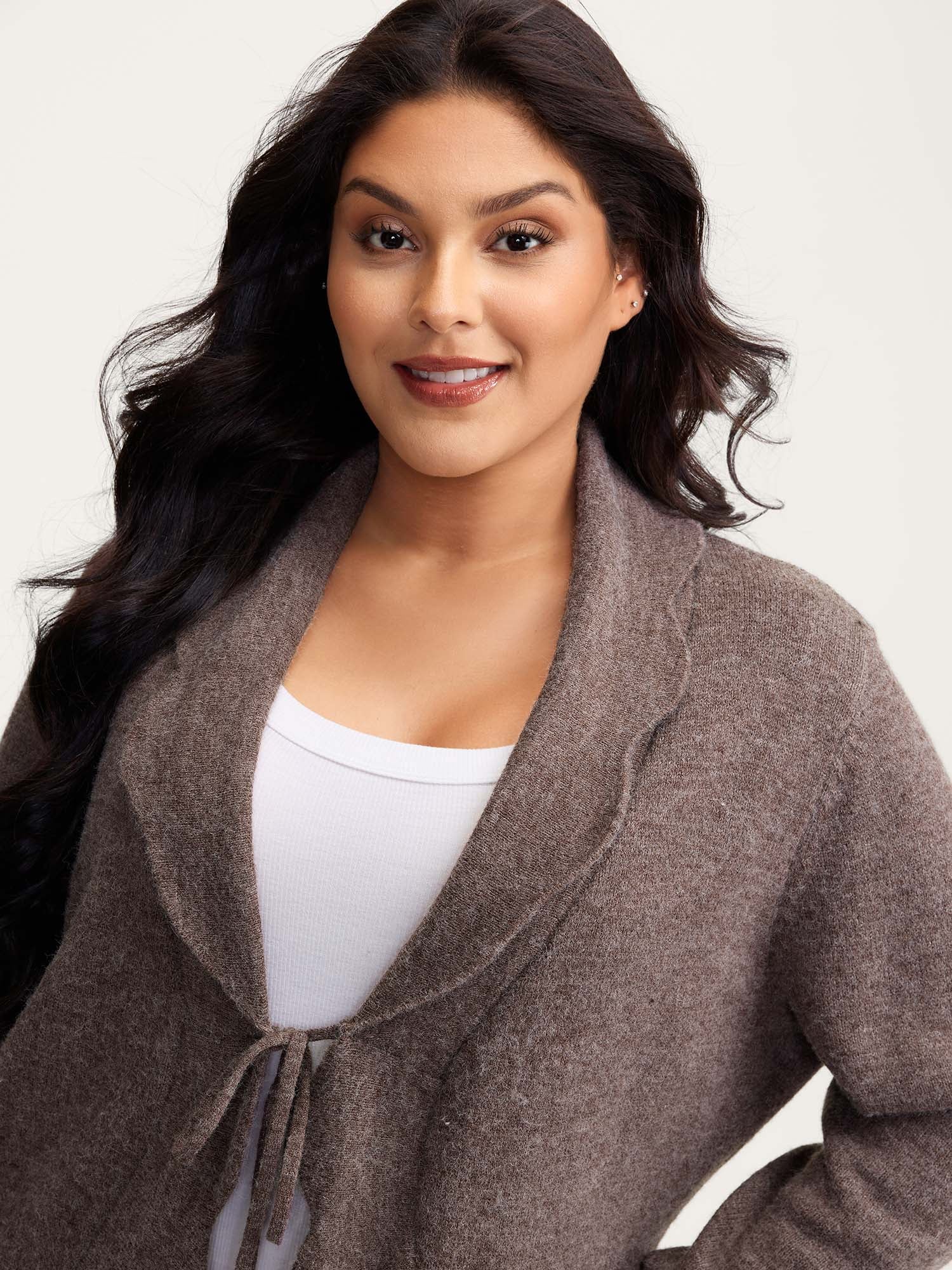 Wavy Arc Hem Tie-Front Knit Cardigan