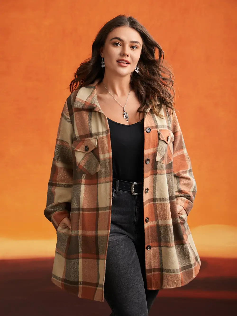 Halloween Plaid Chest Pockets Long Jacket