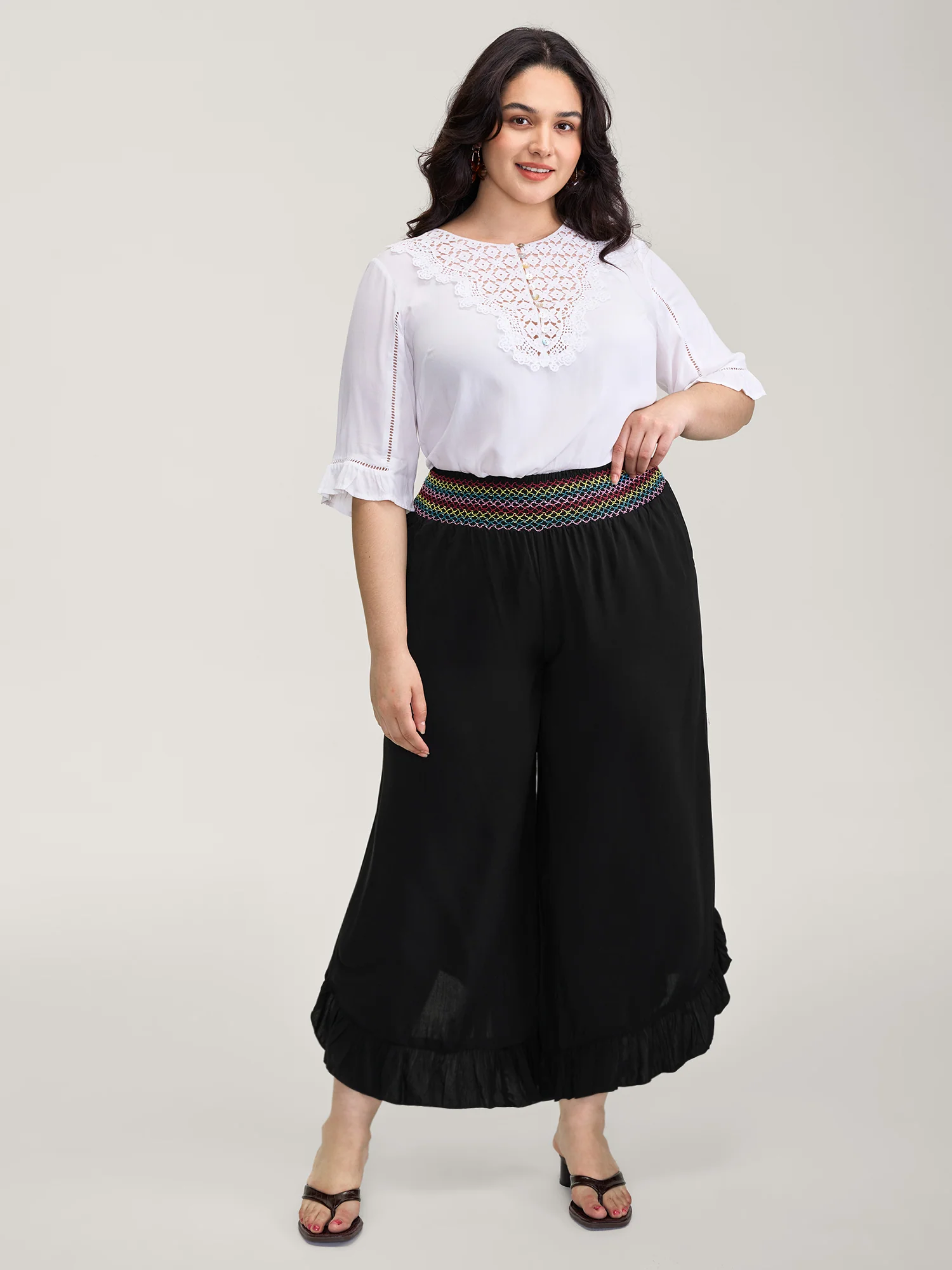 Colorful Shirred Waistband Ruffled Hem Pants