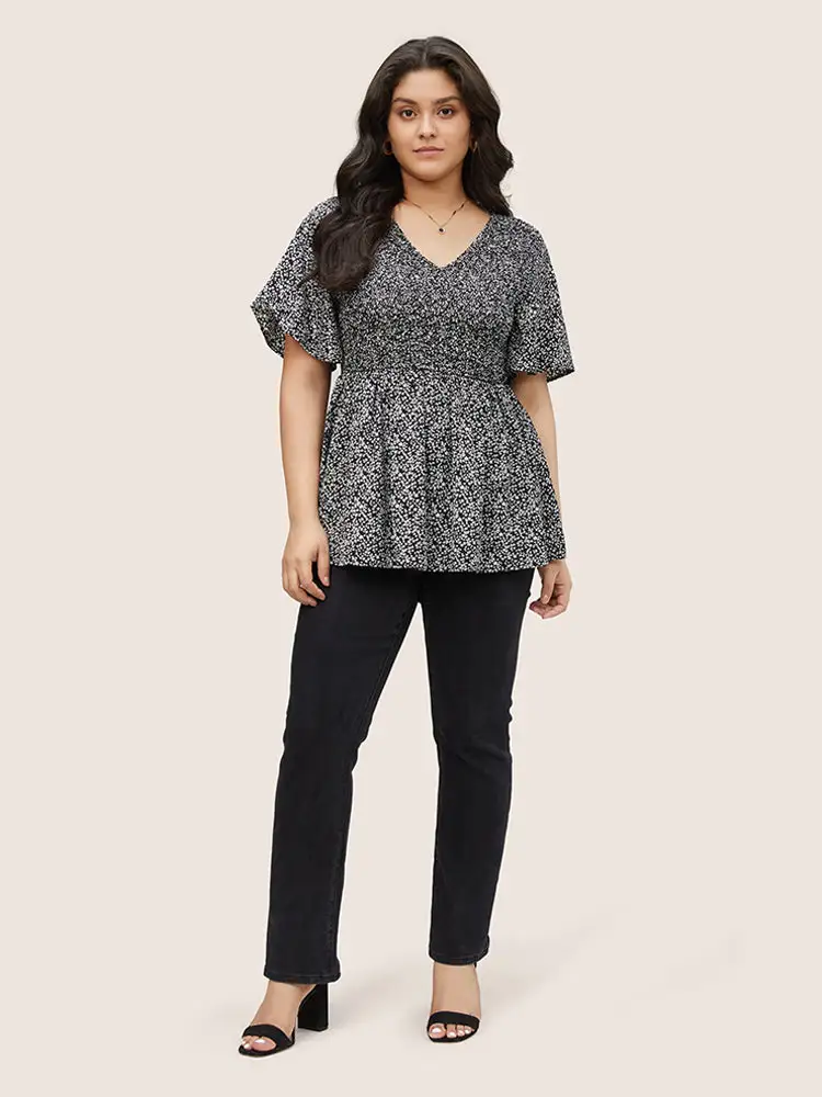 Ditsy Floral Shirred Ruffle Sleeve Elastic Waist Blouse