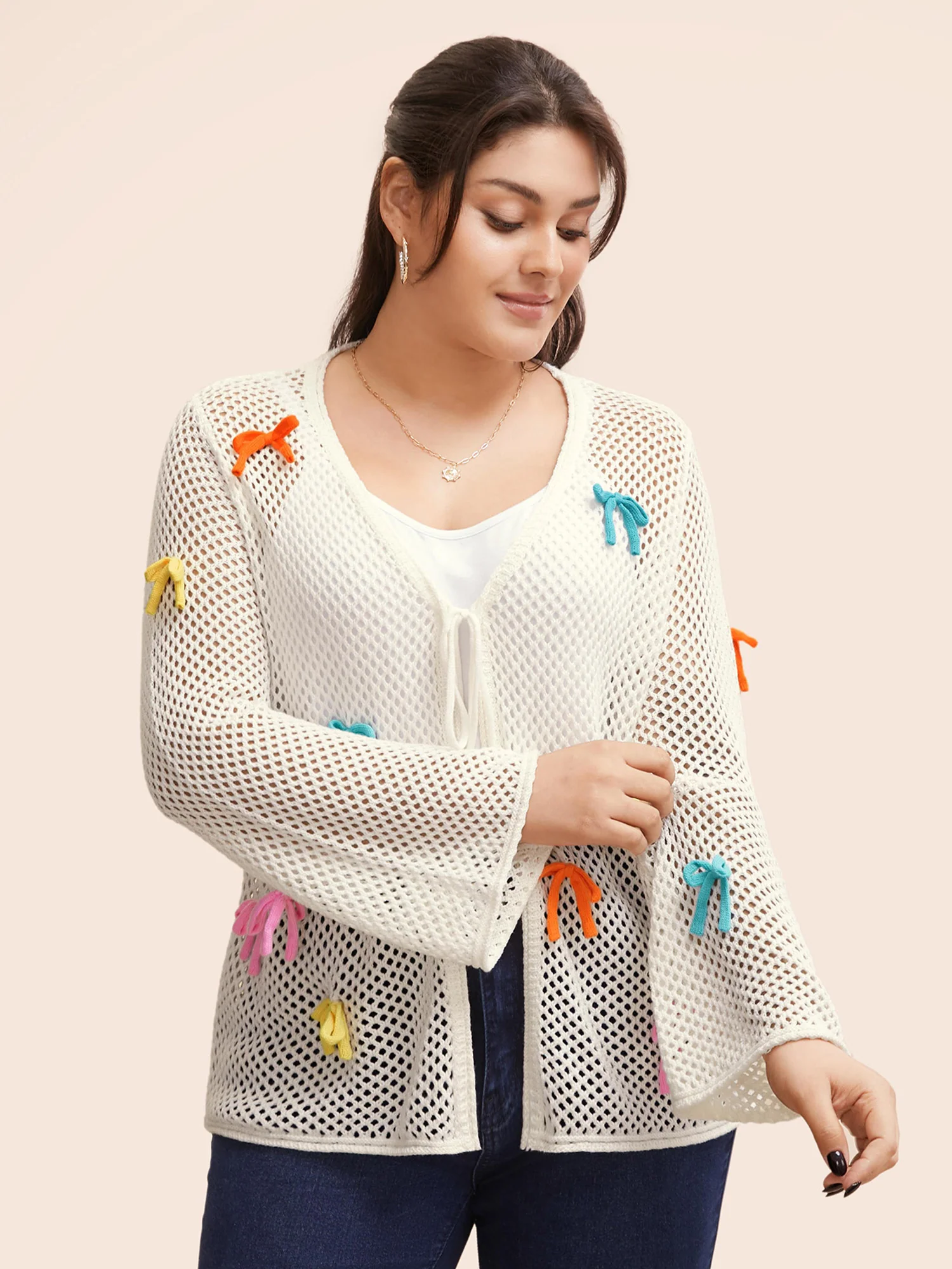 Bowknot Tie Knot Bell Sleeve Cardigan