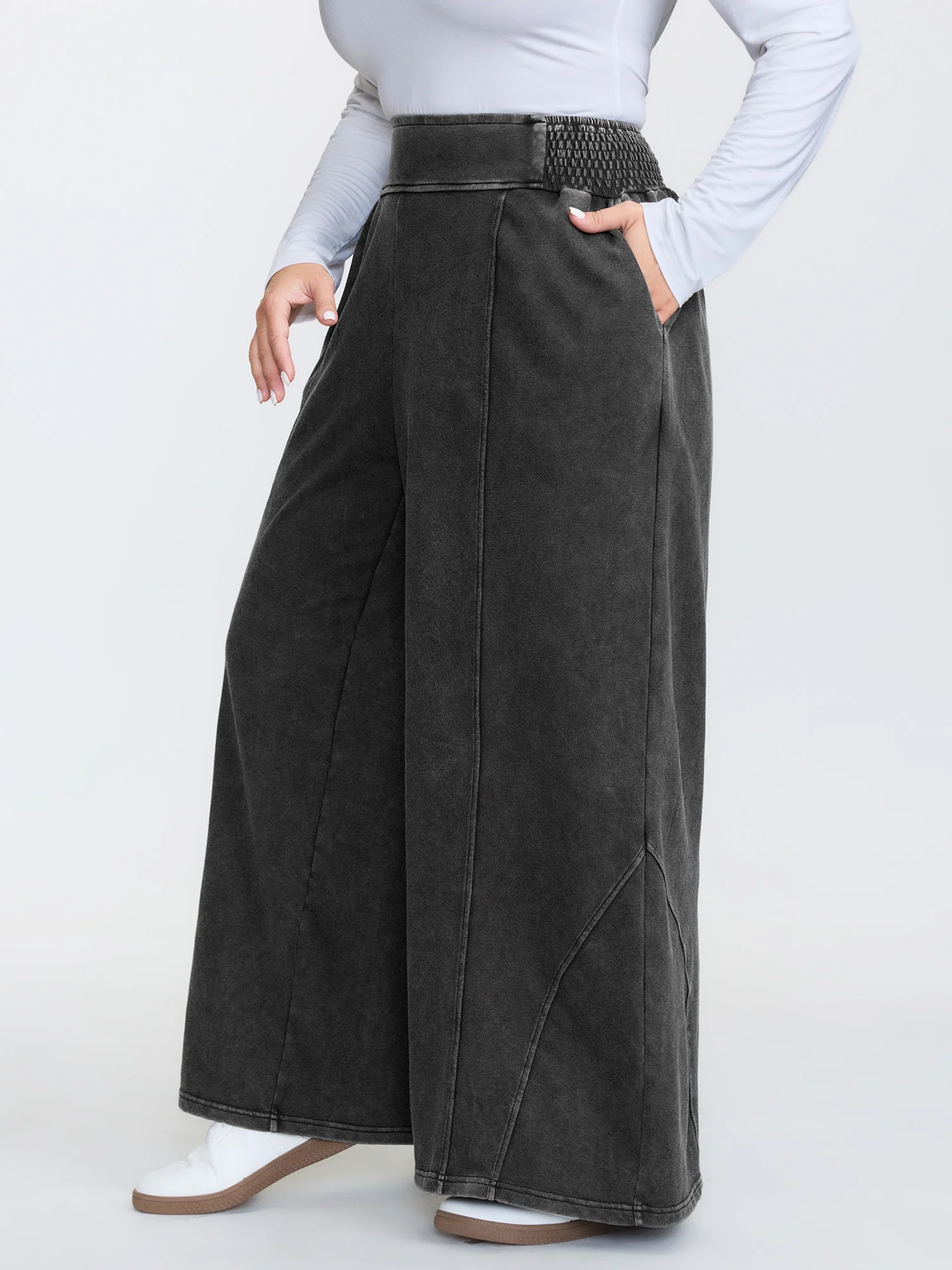 Stretchy Vintage Wash Wide-Leg Pants
