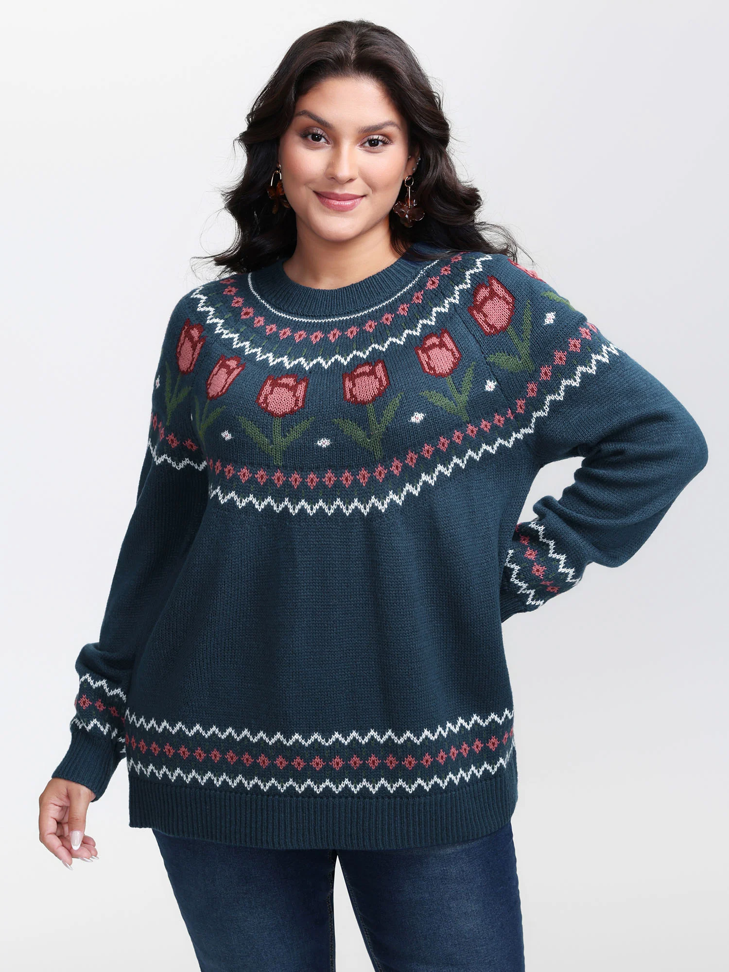 Floral Jacquard Color Contrast Pullover