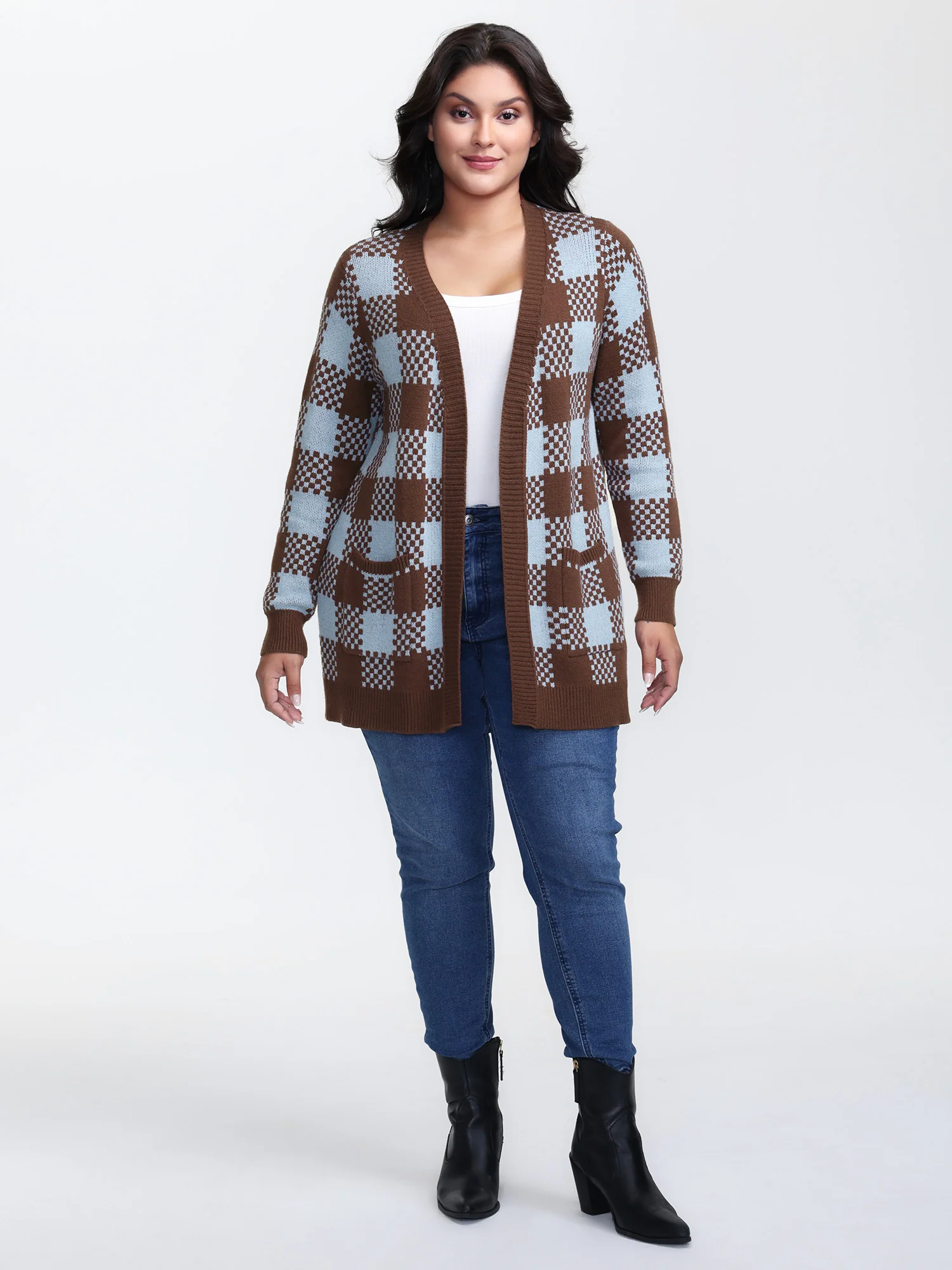 Checkered Pattern Pockets Knit Cardigan