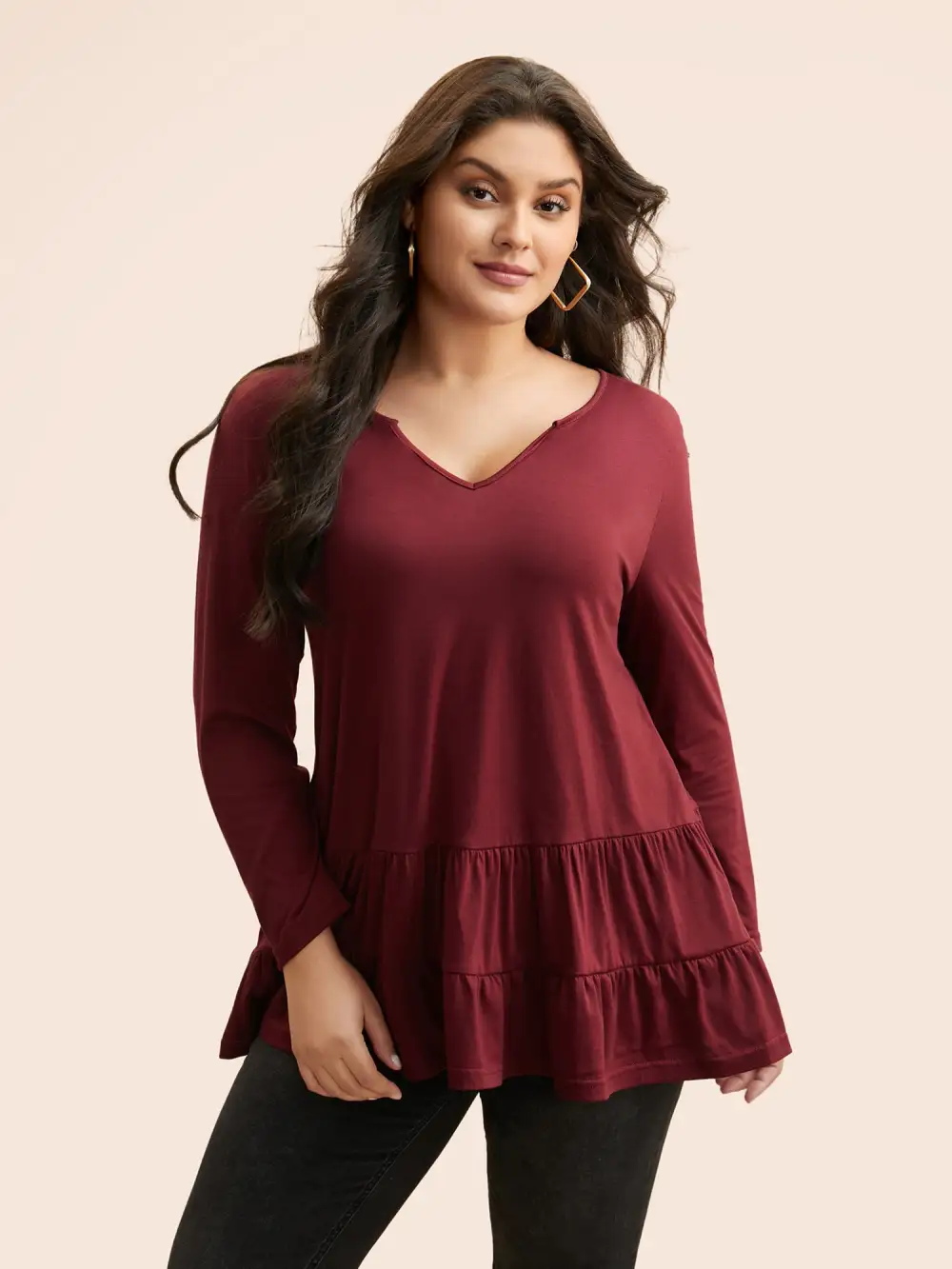 Notched Ruffle Layered Hem T-Shirt