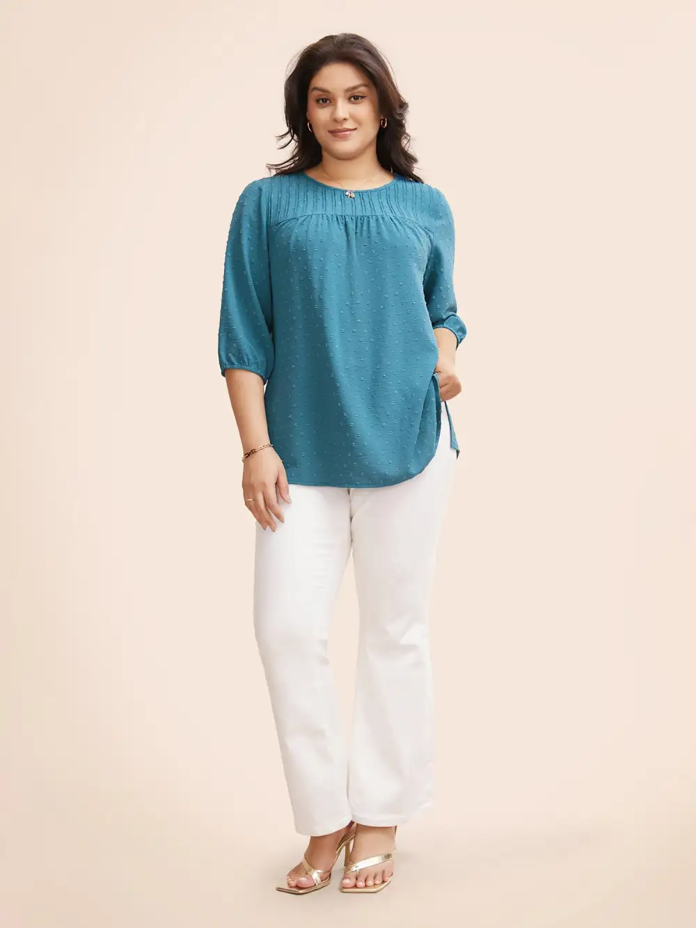 Texture Round Neck Pleated Lantern Sleeve Blouse