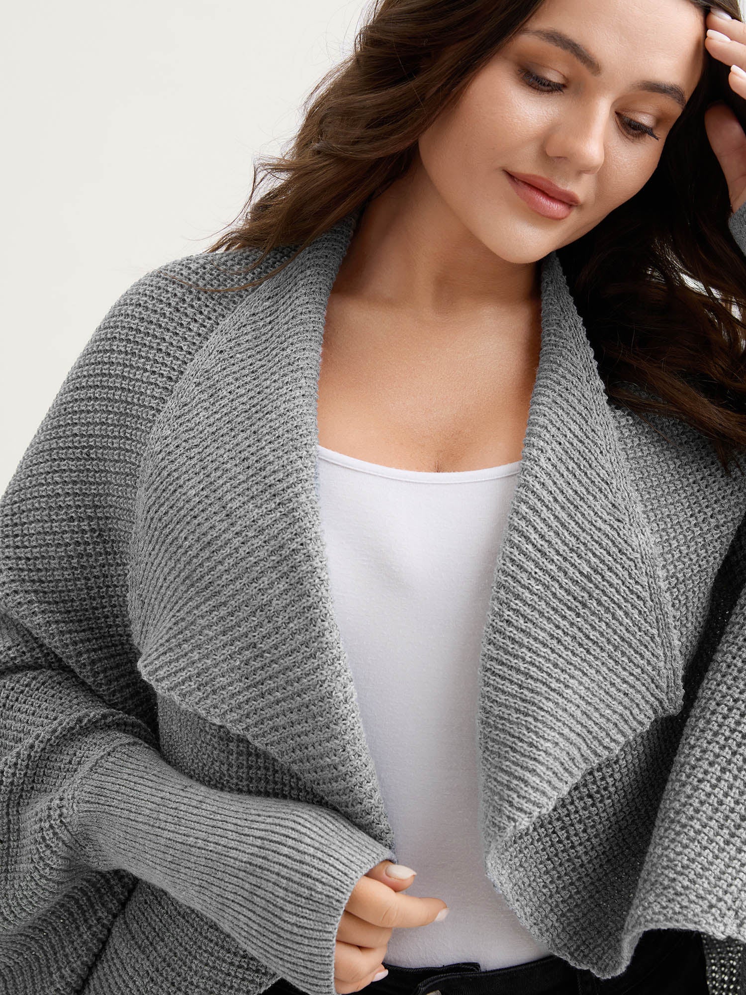 Folded Collar Textured Open-Front Knit Cardigan