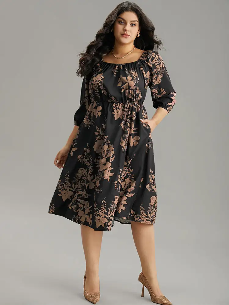 Silhouette Floral Print Elastic Cuffs Dress